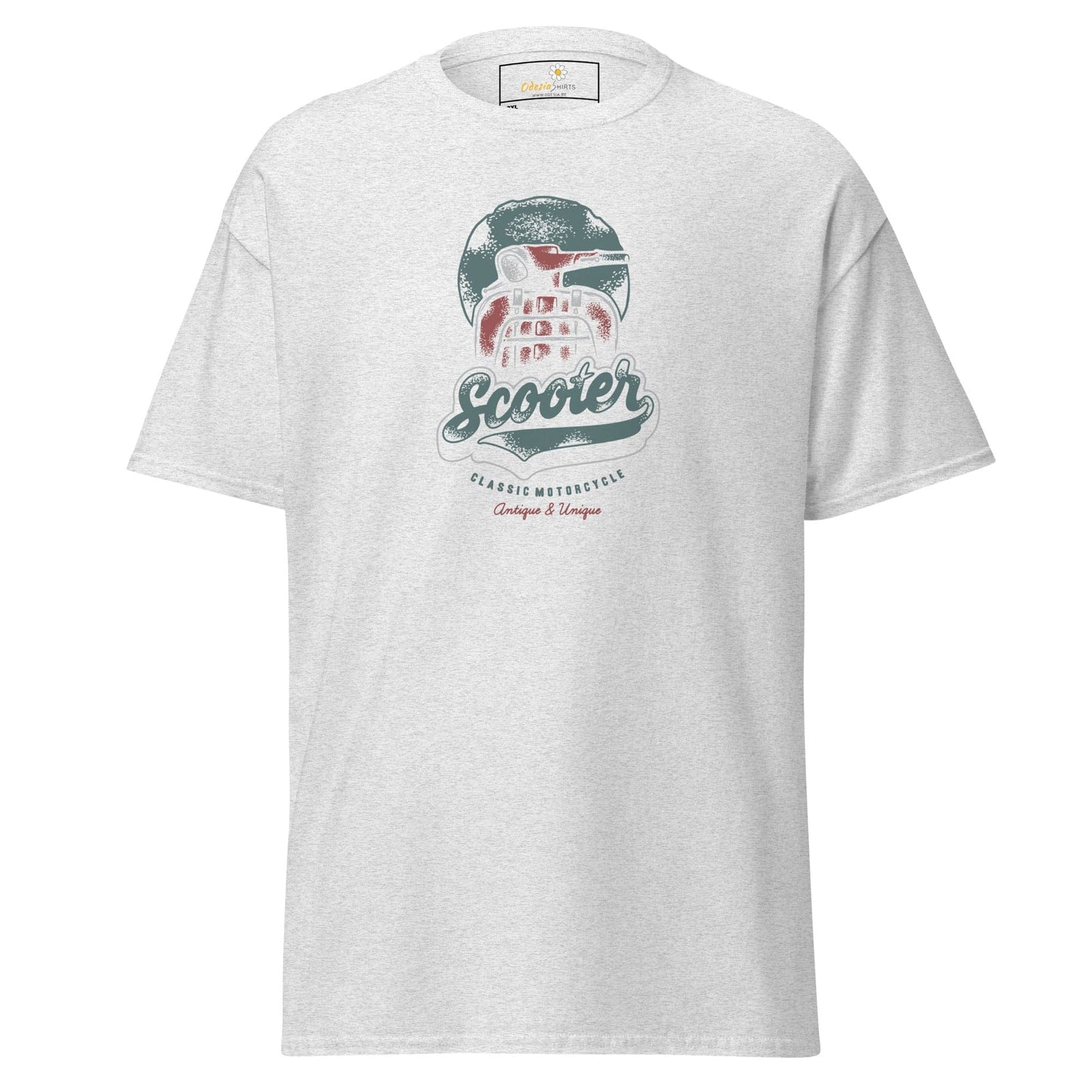 White t-shirt with scooter graphic.