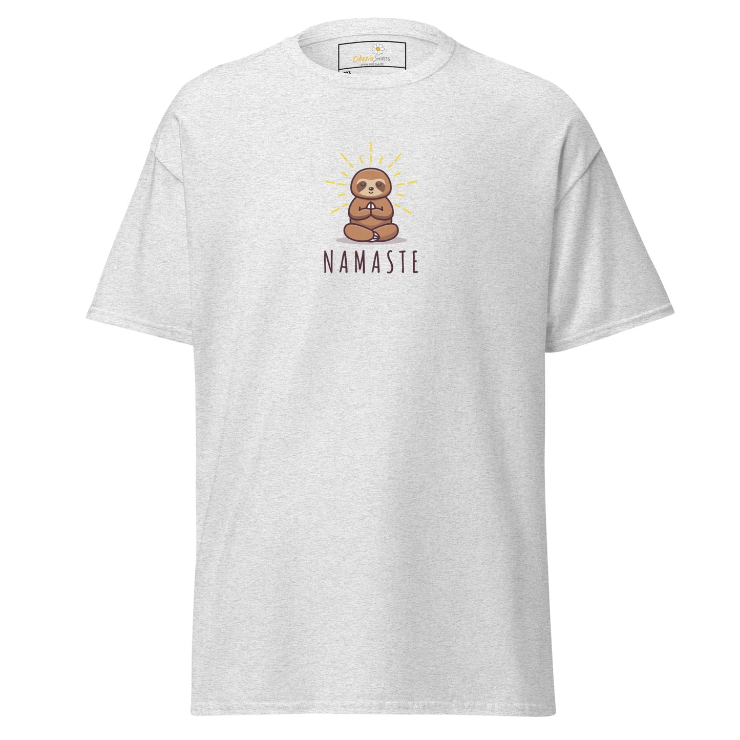 White t-shirt with sloth design.
