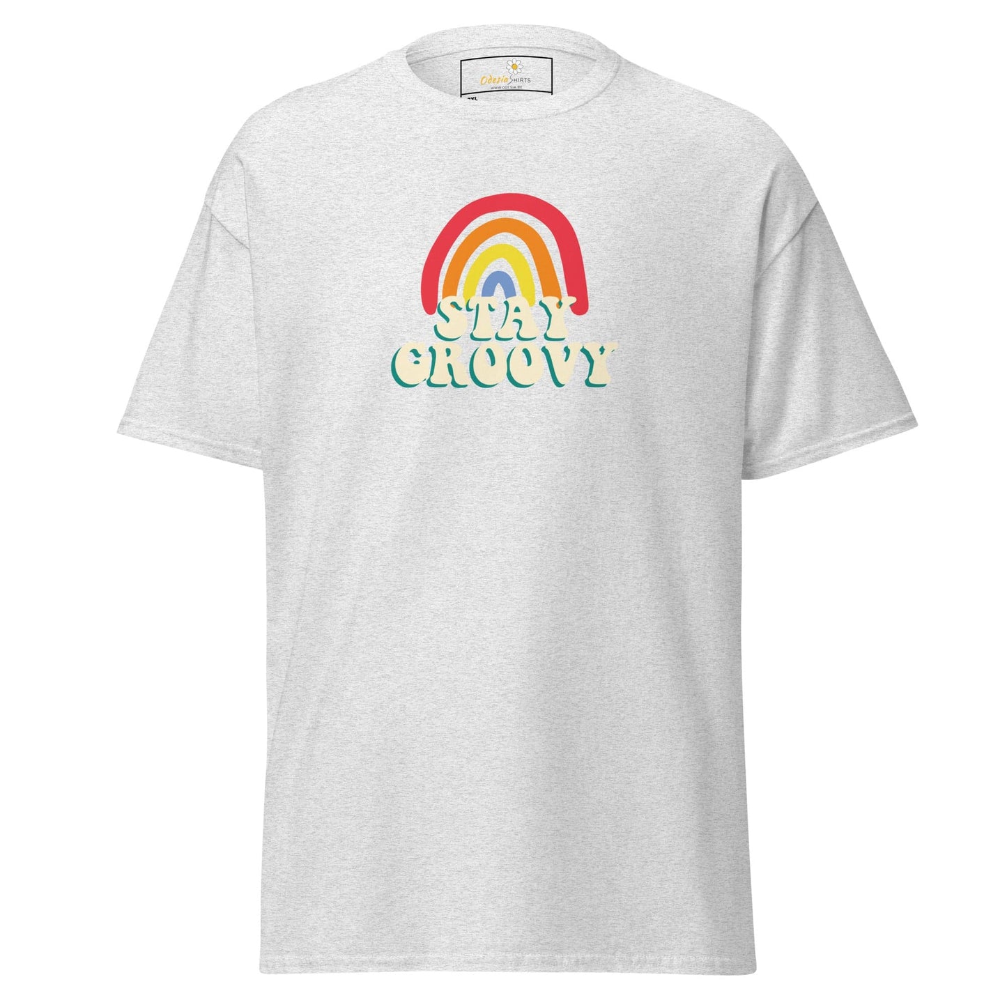 White t-shirt with rainbow and text.