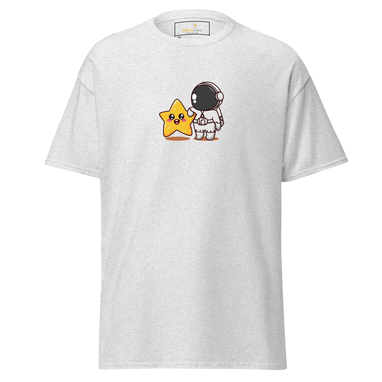 White t-shirt with cartoon astronaut and star.