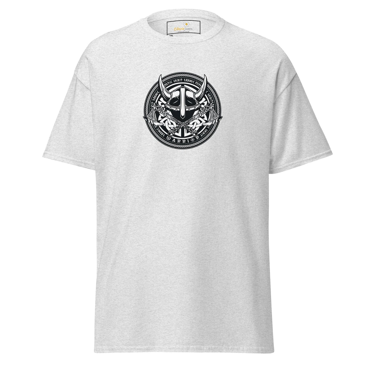 White t-shirt with Viking design.