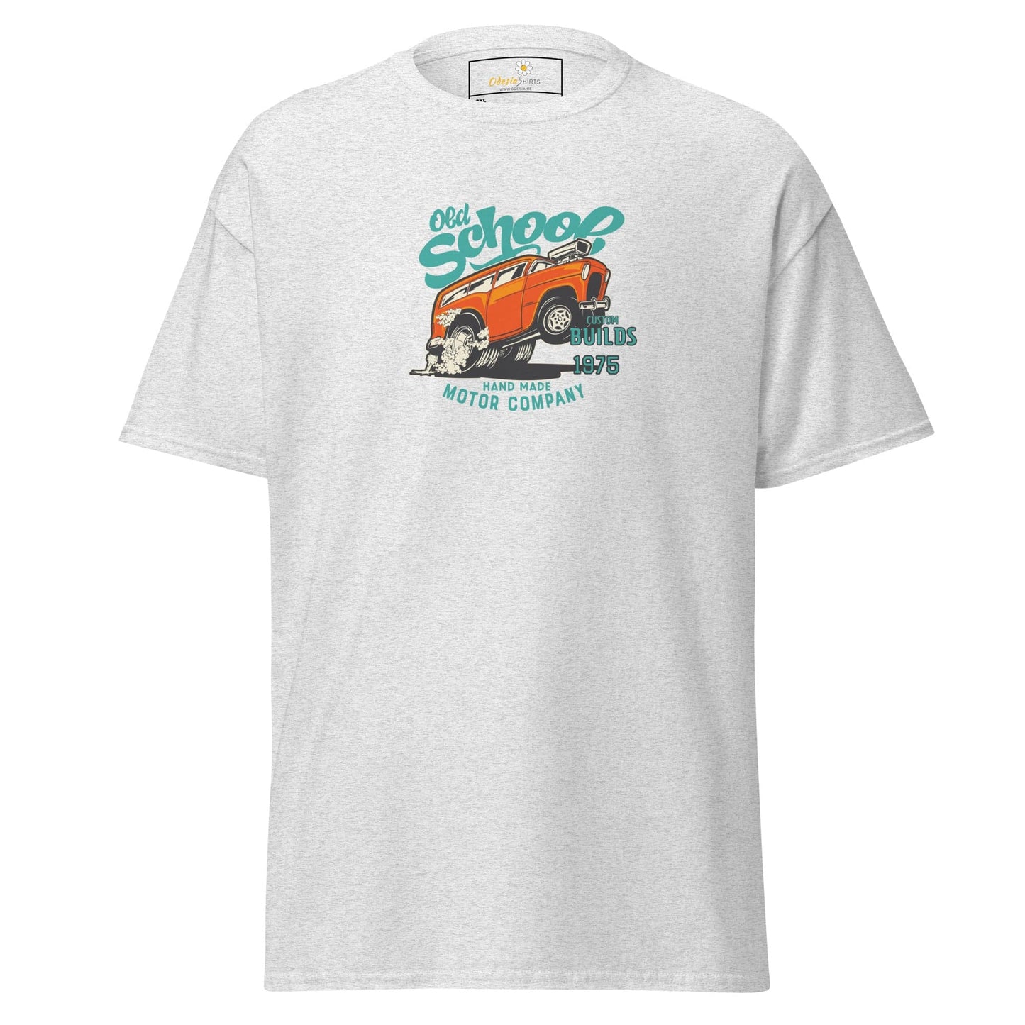 White t-shirt with car graphic.
