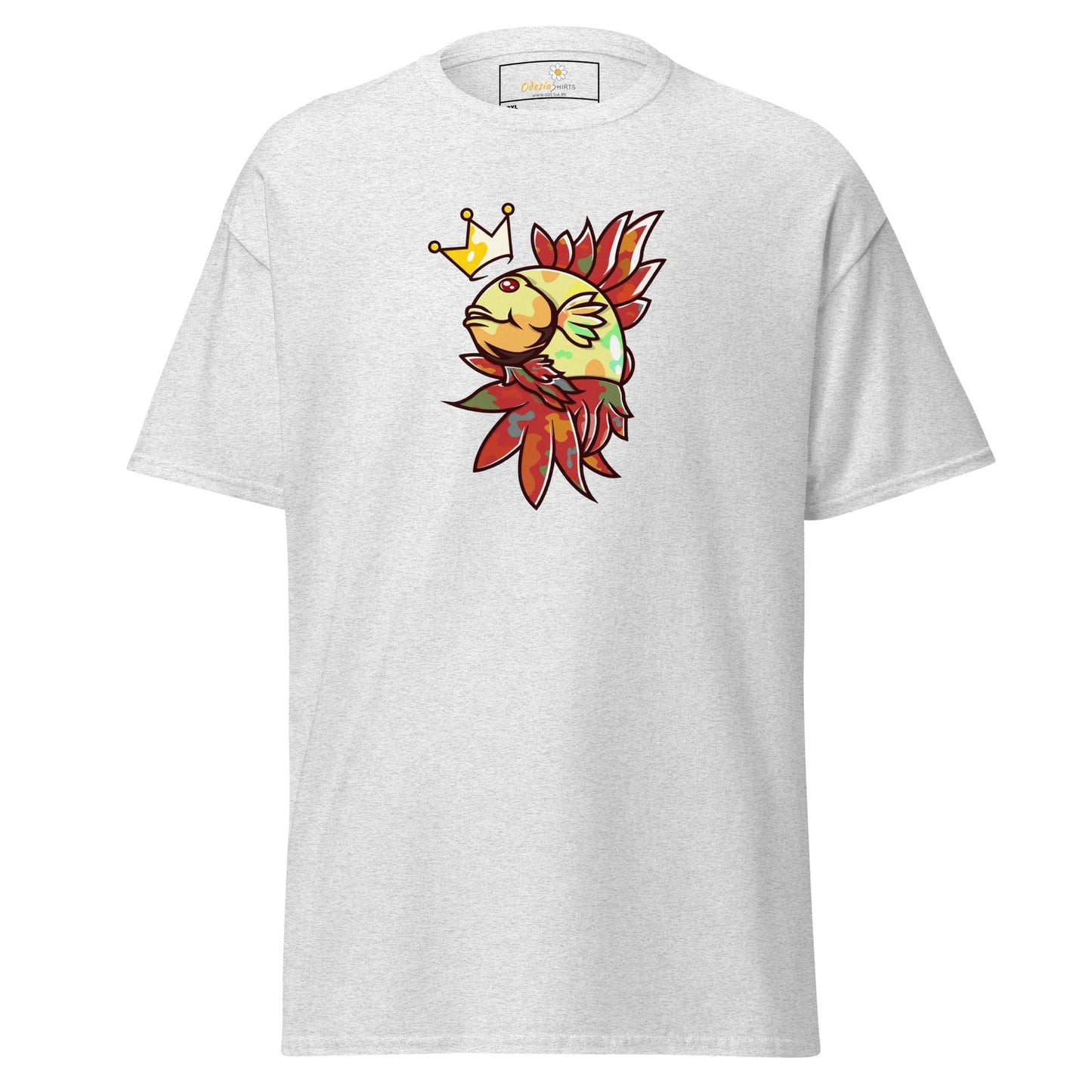 White T-shirt with a fish wearing a crown design for men and women sizes 2XL to 5XL