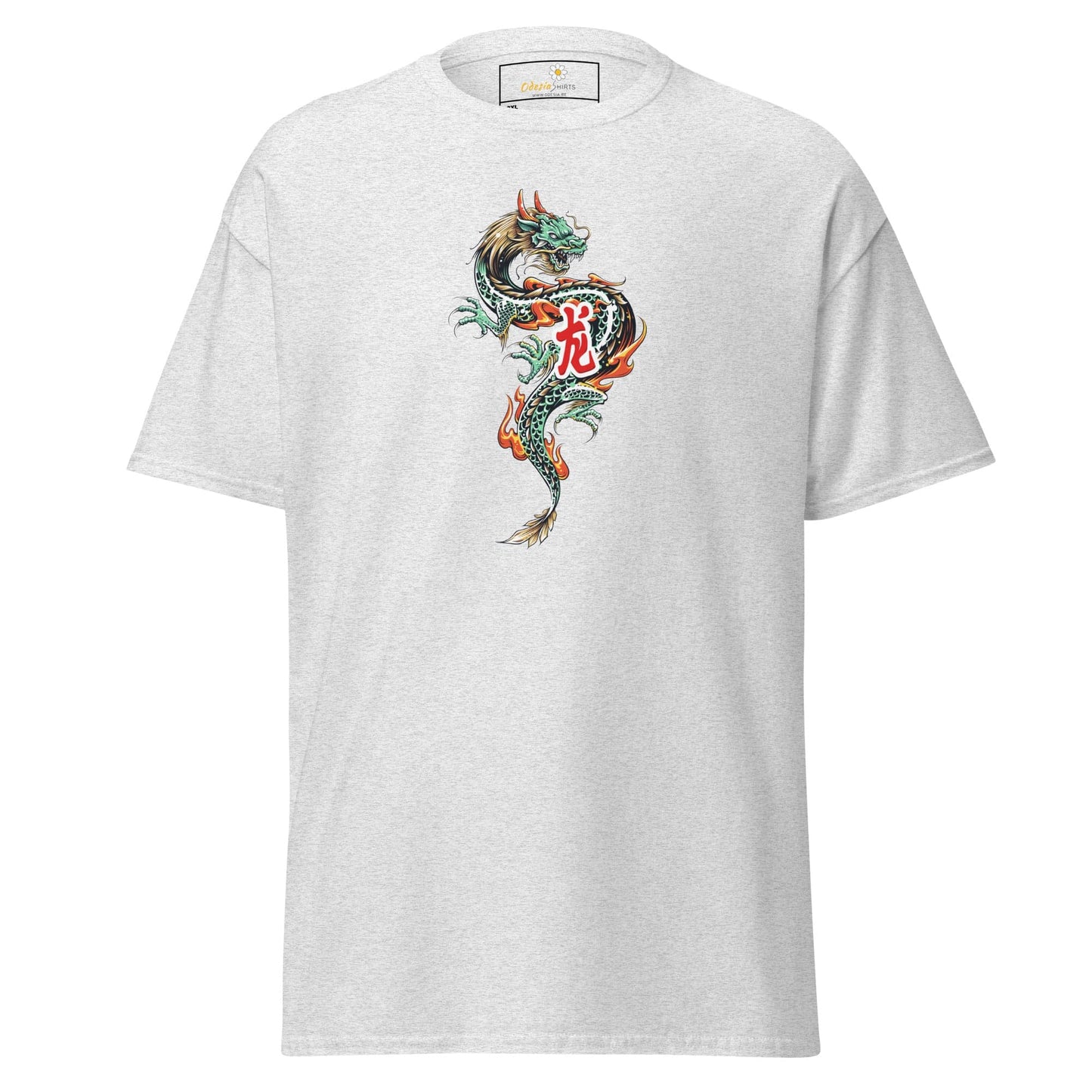 White t-shirt with dragon design.