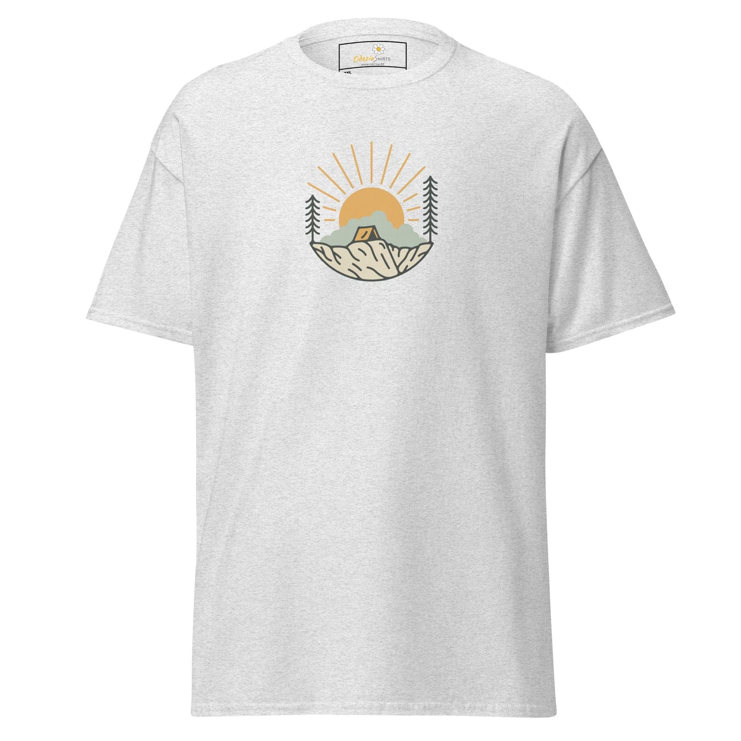 White t-shirt with camping graphic.
