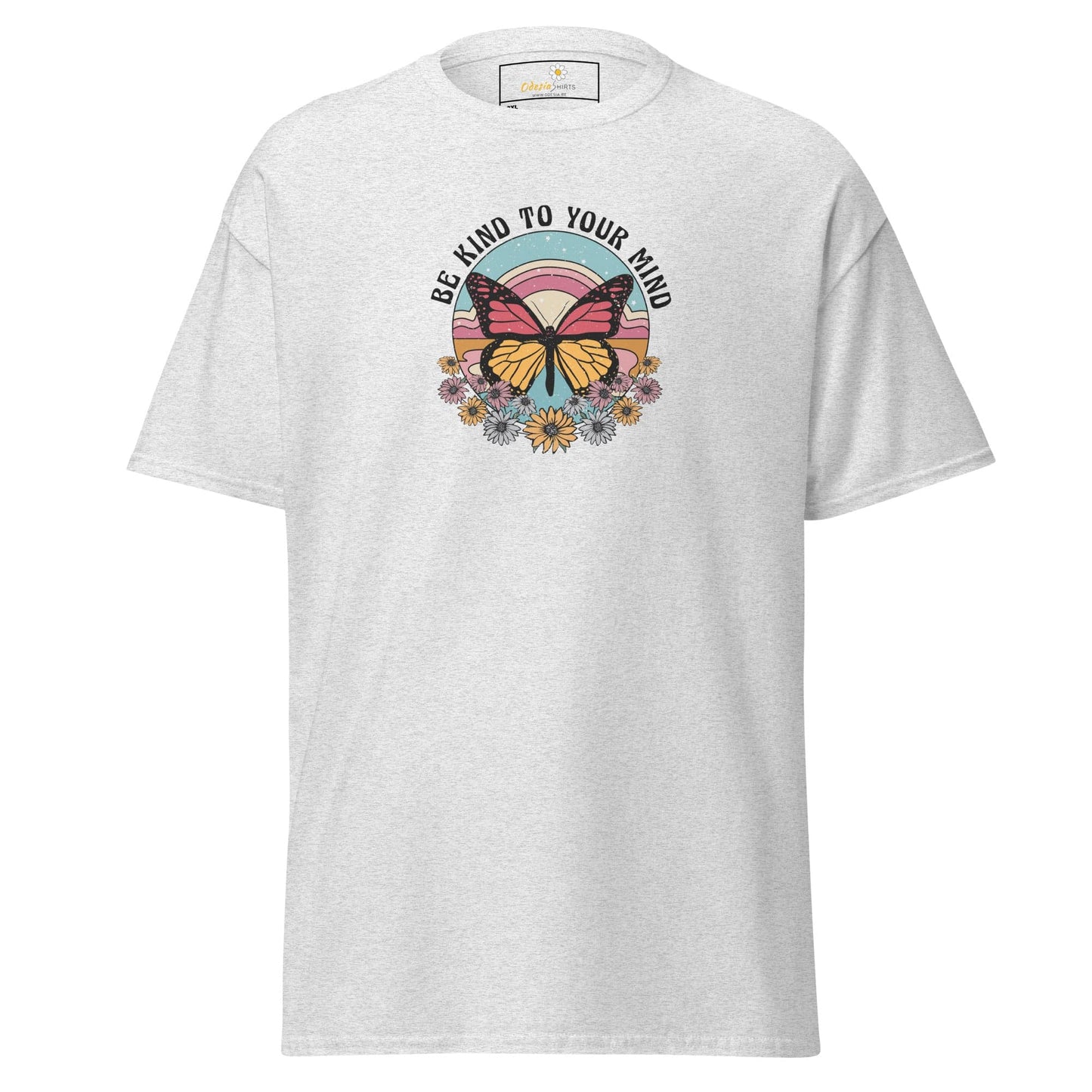 White t-shirt with butterfly and floral design.