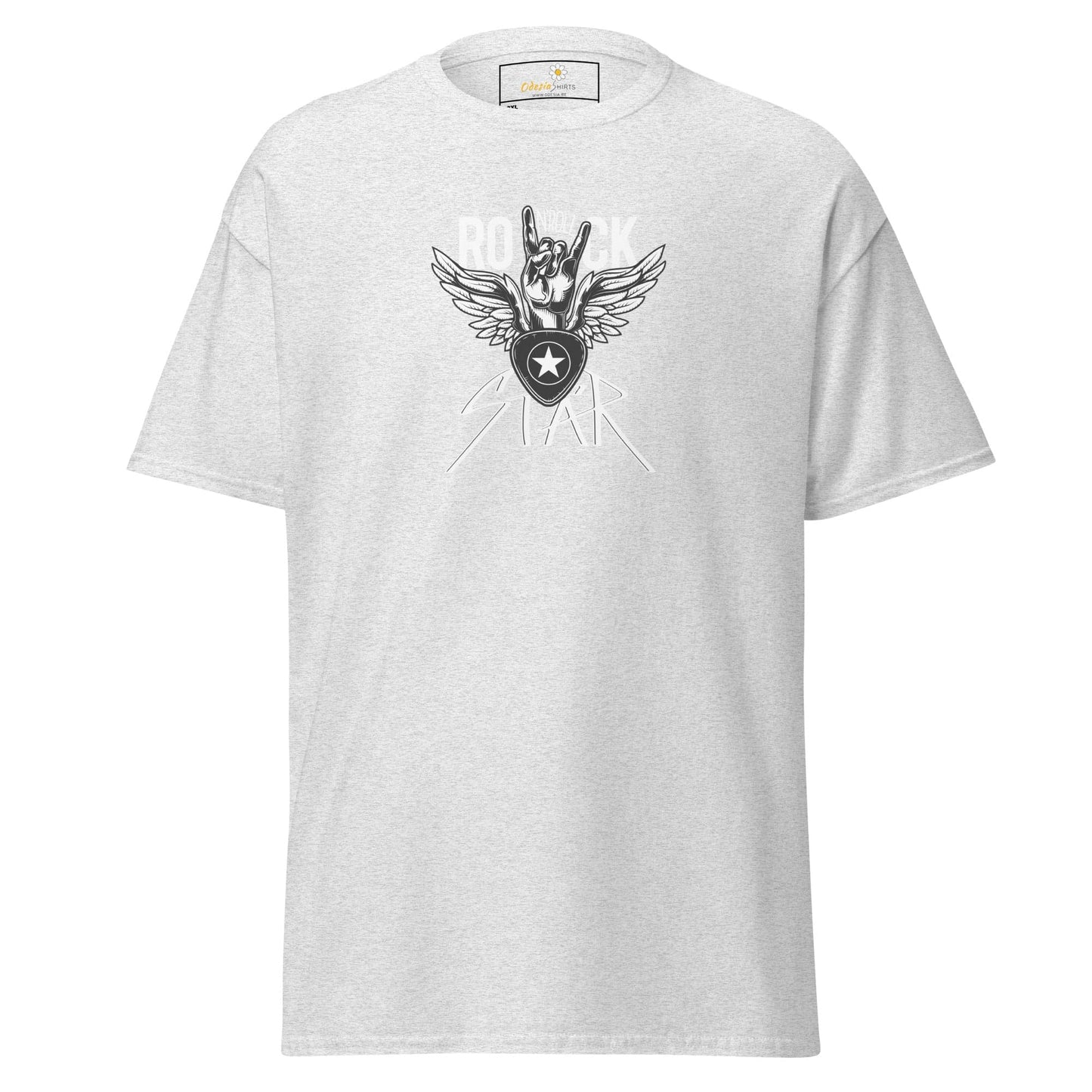 White T-shirt with rock star graphic for men and women, available in 2XL to 5XL sizes