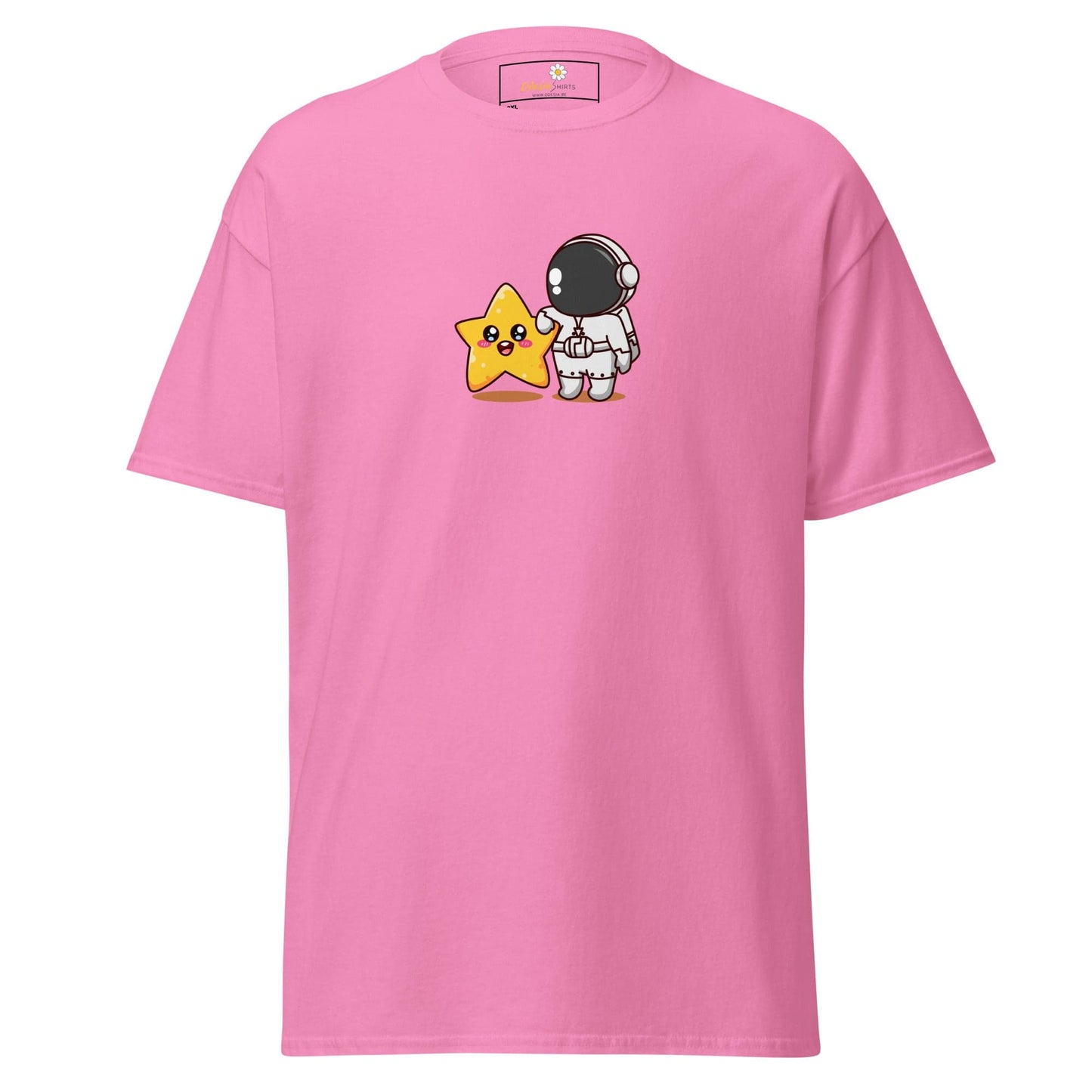 Pink t-shirt with astronaut and star graphic.