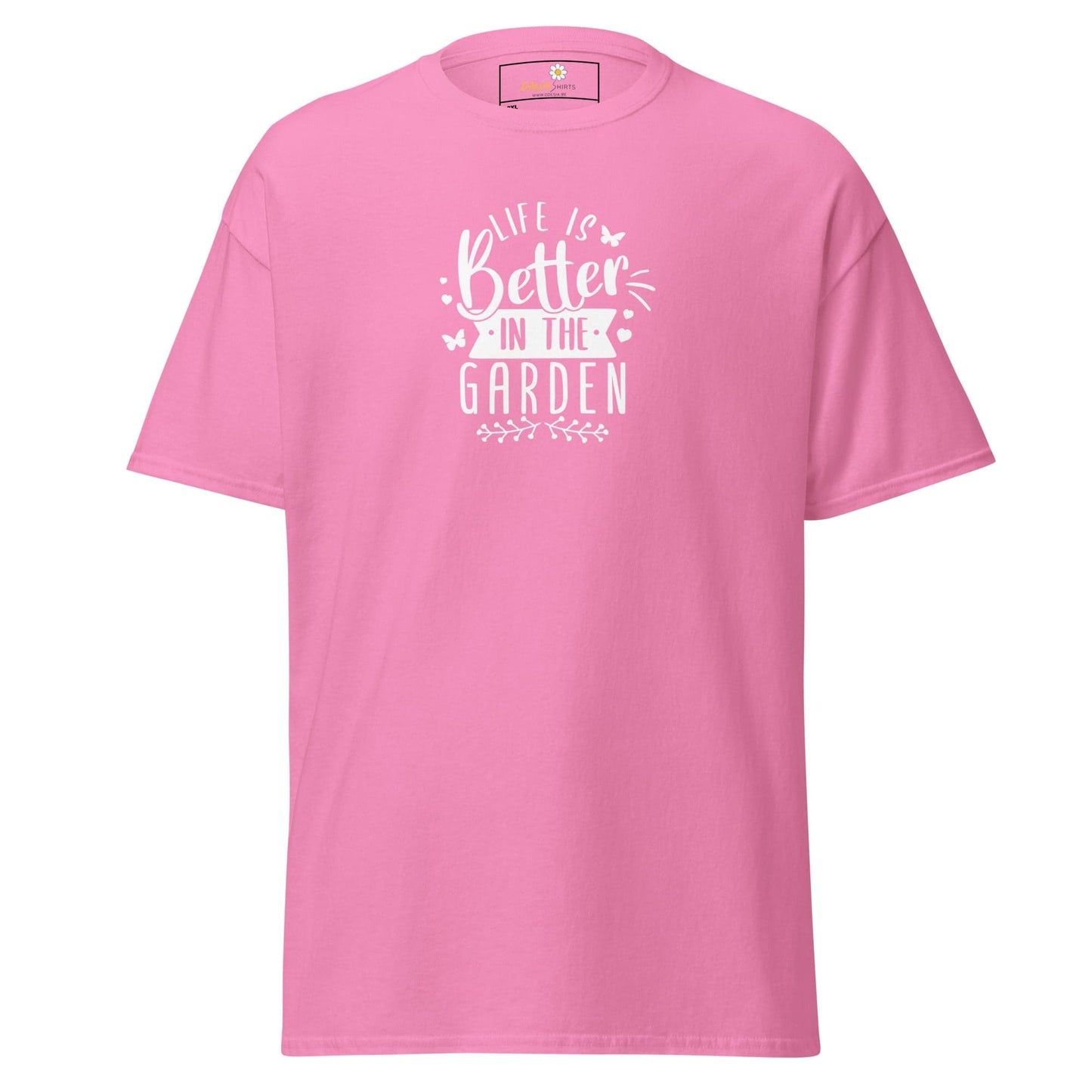 Pink t-shirt with garden-themed text.