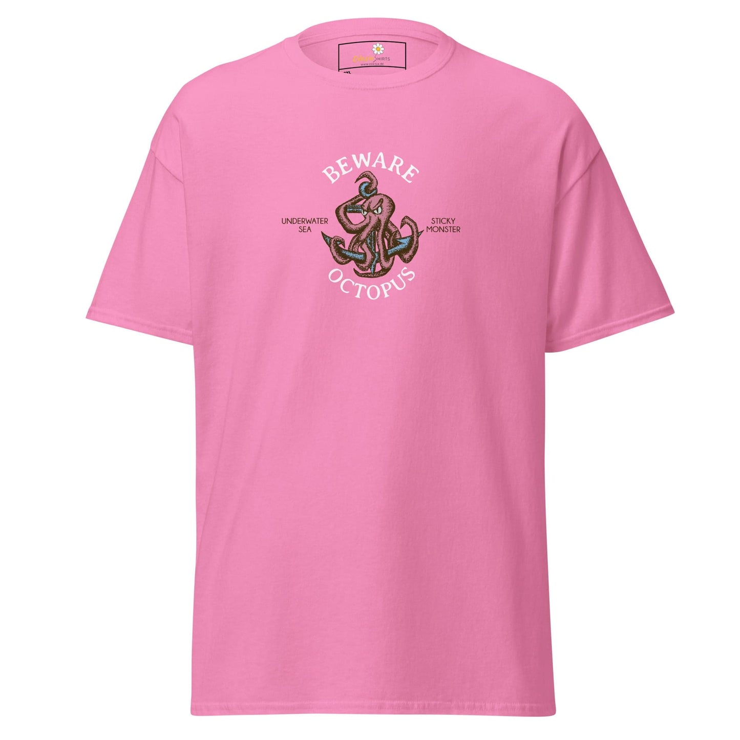 Pink T-shirt with octopus graphic for men and women in sizes 2XL to 5XL