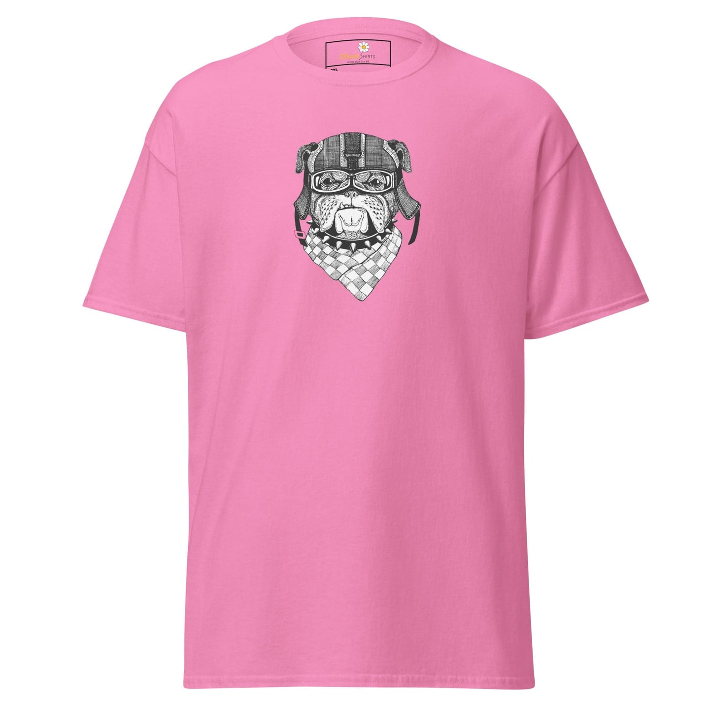 Pink T-shirt featuring a Bulldog graphic for men and women in sizes 2XL to 5XL