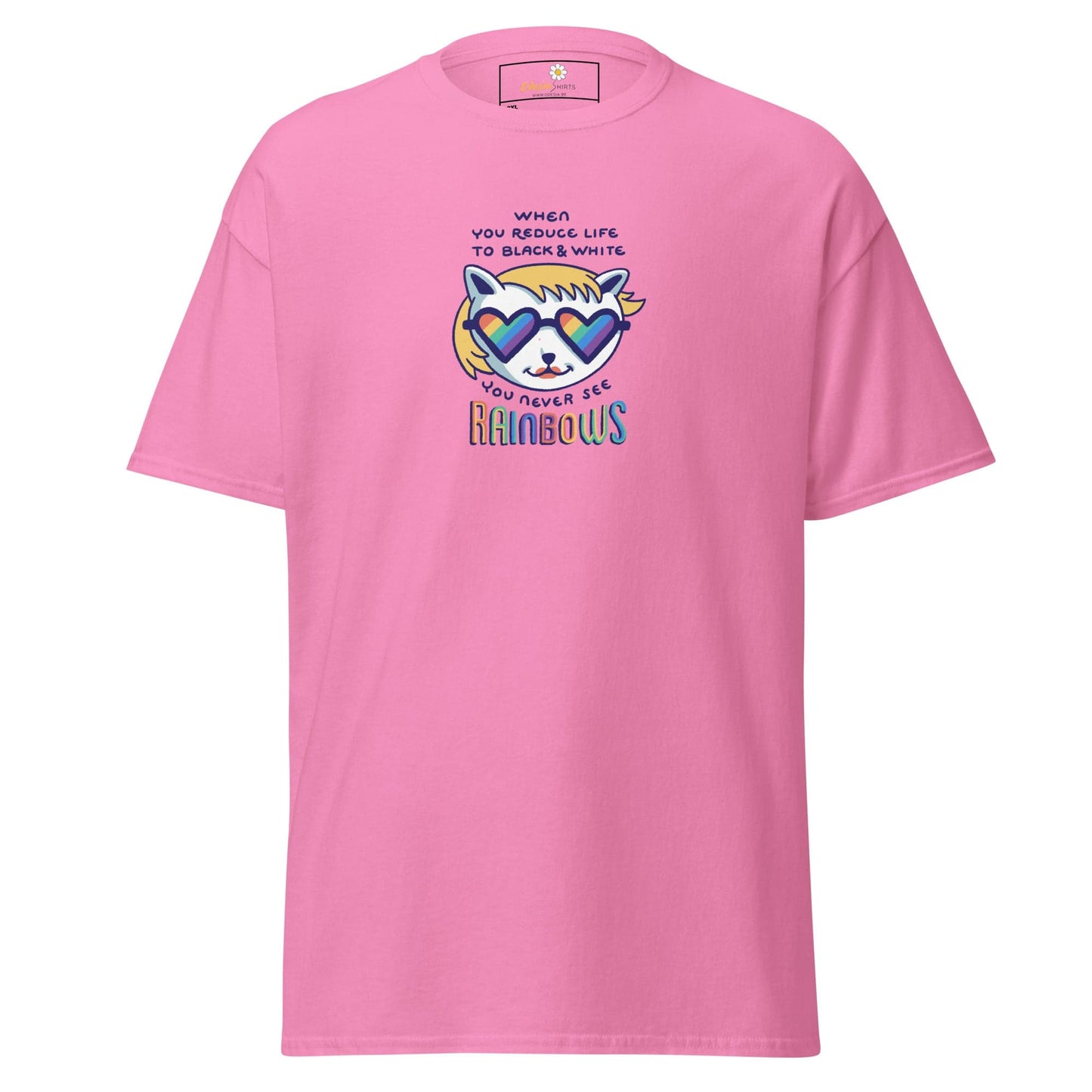 Pink T-shirt with cartoon cat graphic for men and women in sizes 2XL to 5XL