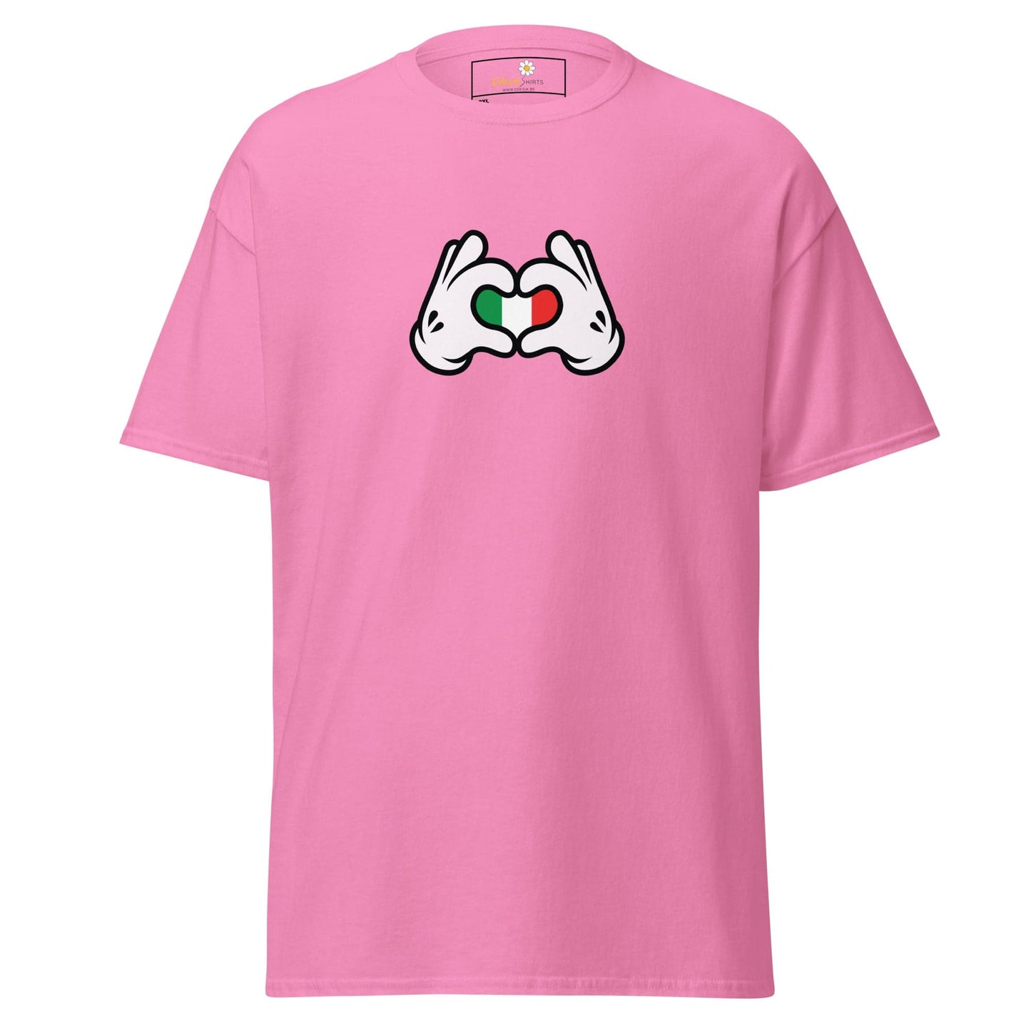 Pink t-shirt with cartoon hands forming a heart with the Italian flag.