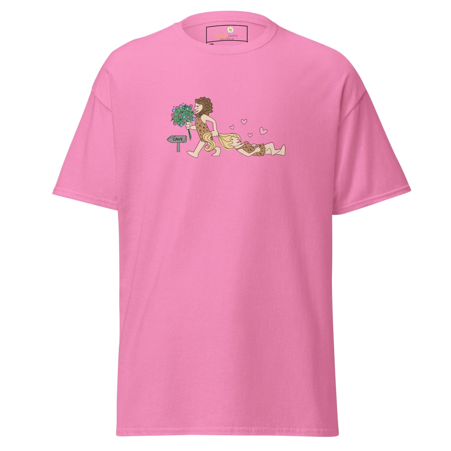 Pink T-shirt with caveman graphic in men’s and women’s sizes 2XL to 5XL