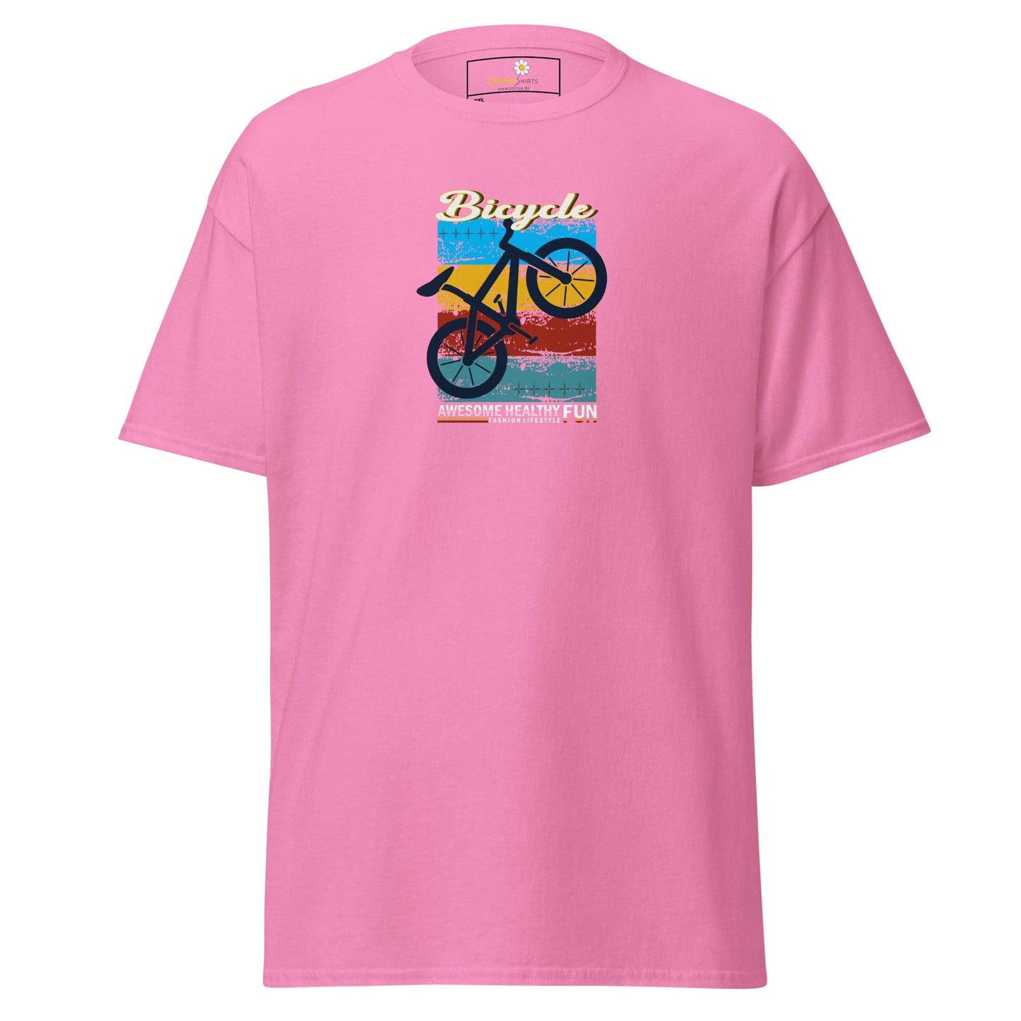 Pink T-shirt with bicycle graphic for Men and Women in sizes 2XL to 5XL