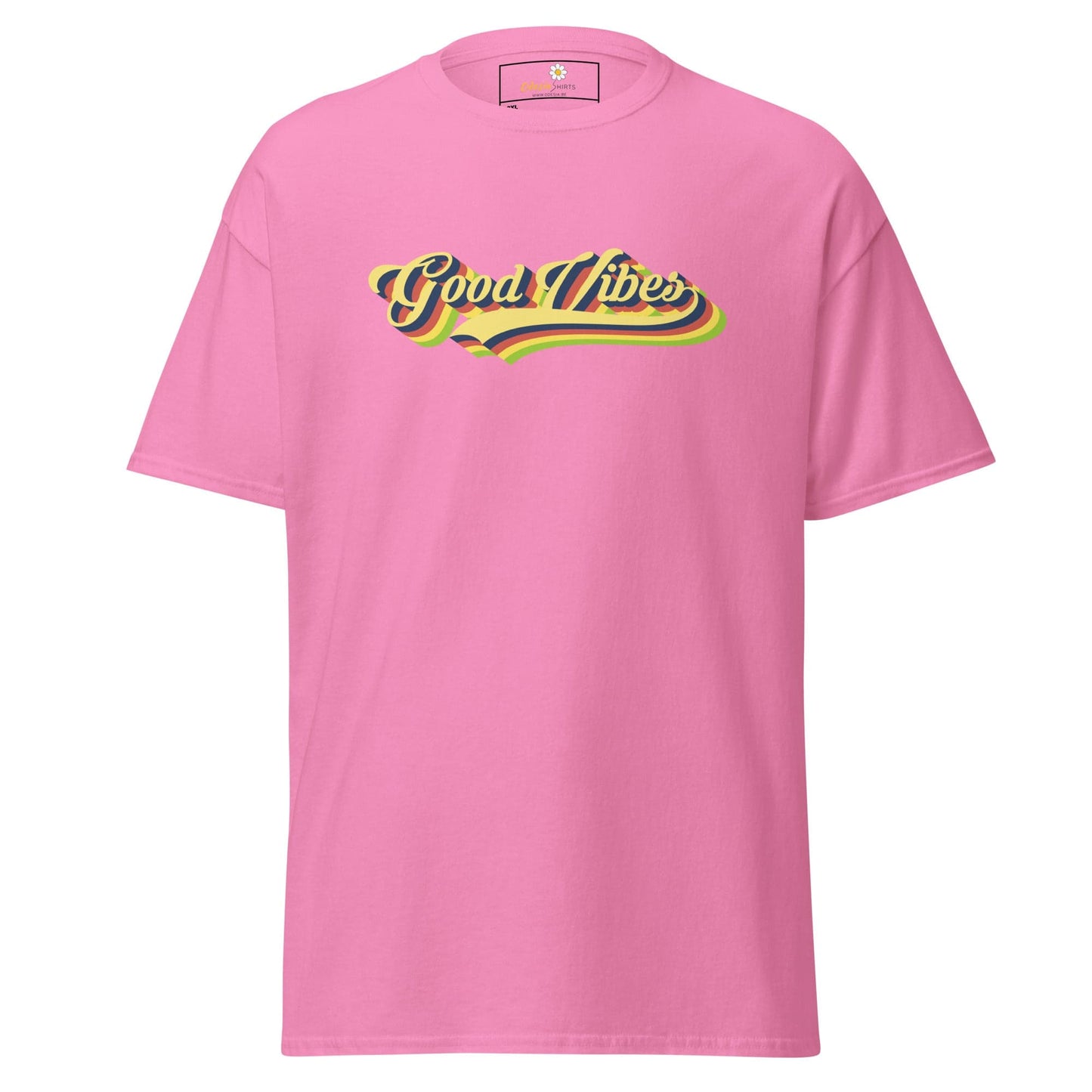 Pink t-shirt with ’Good Vibes’ graphic.