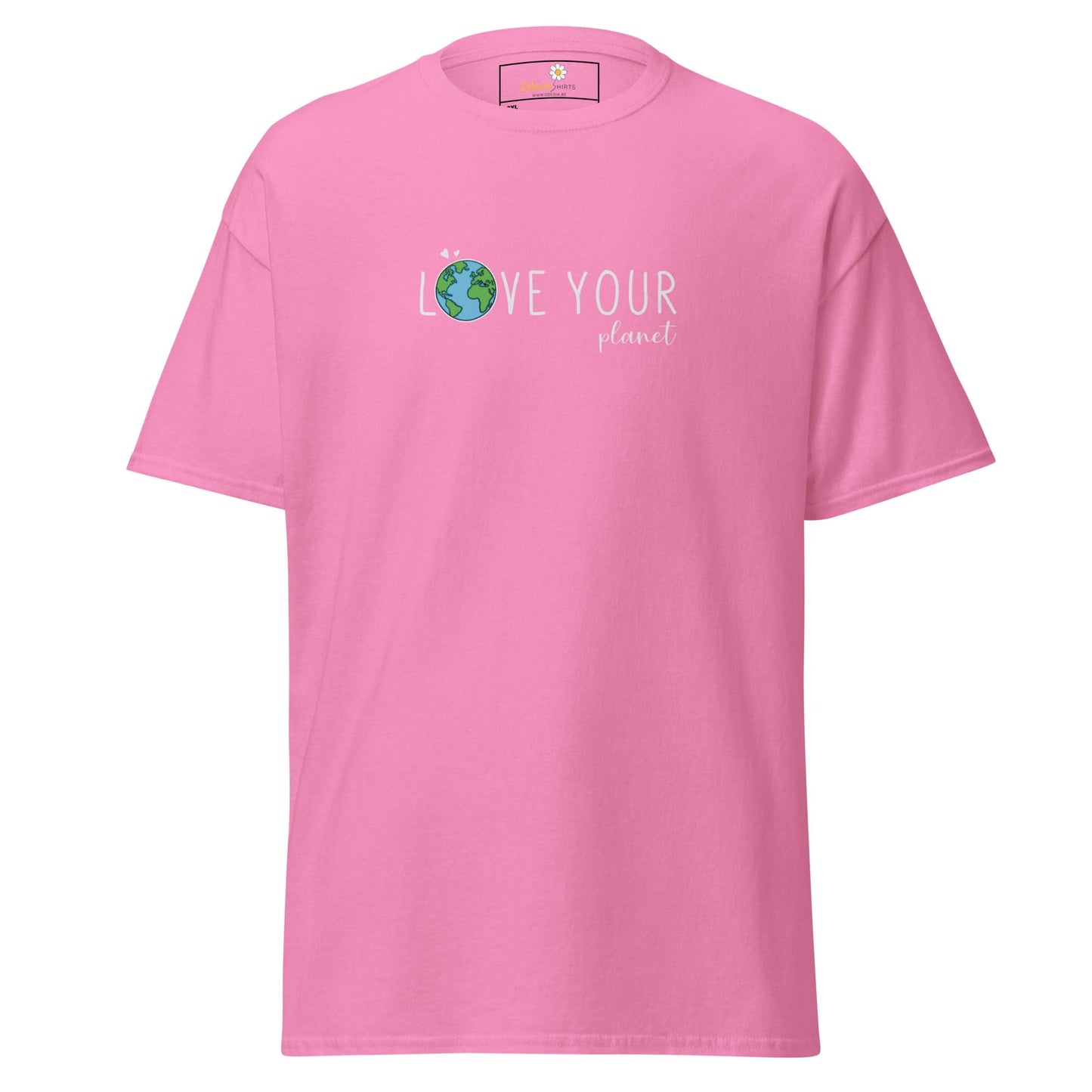 Pink t-shirt with ’Love Your Planet’ graphic.