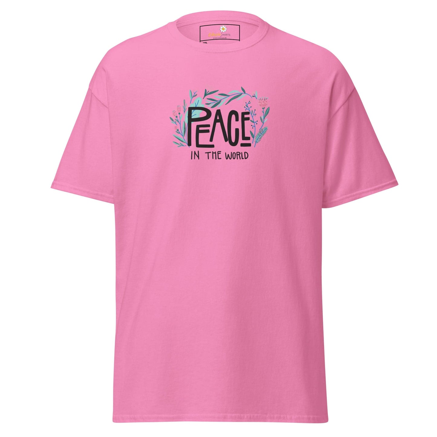 Pink T-shirt with Peace in the World design for men and women, available in 2XL to 5XL sizes