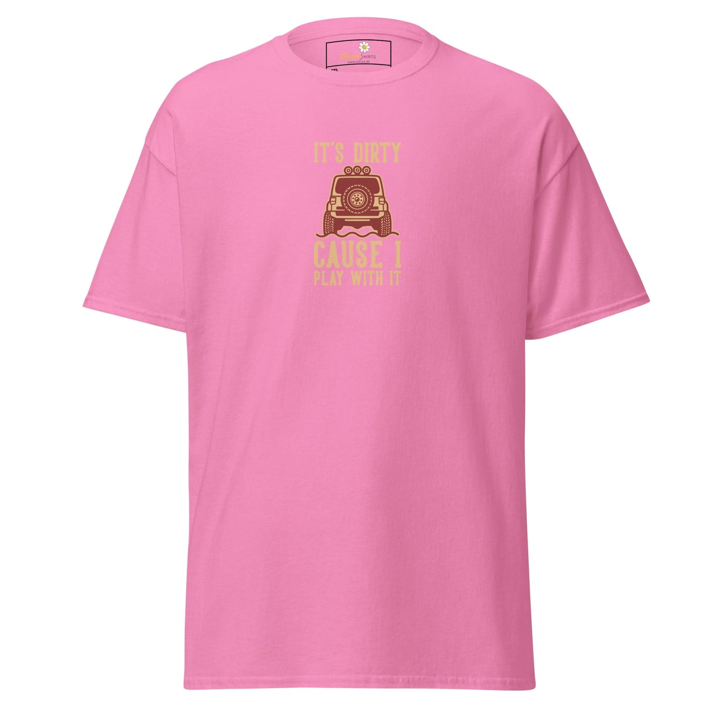 Pink t-shirt with off-road vehicle graphic.
