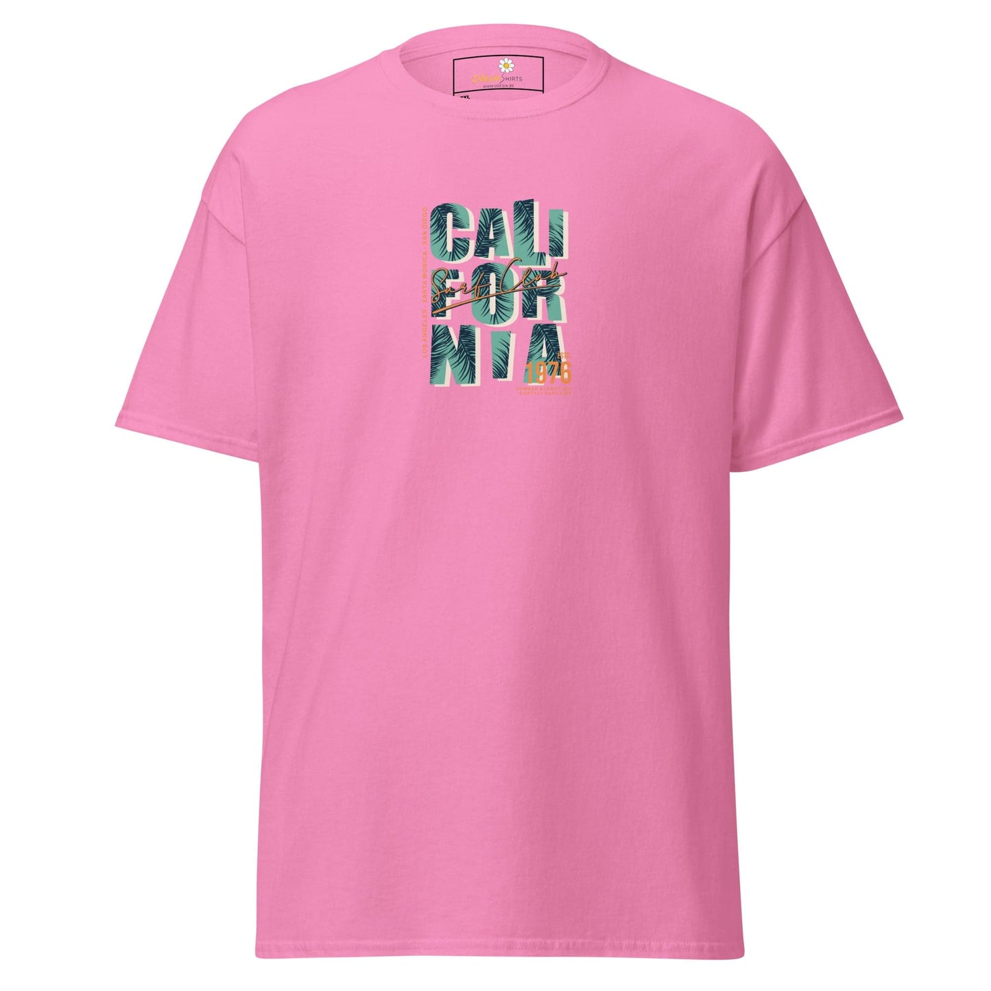 Pink t-shirt with ’California’ graphic.