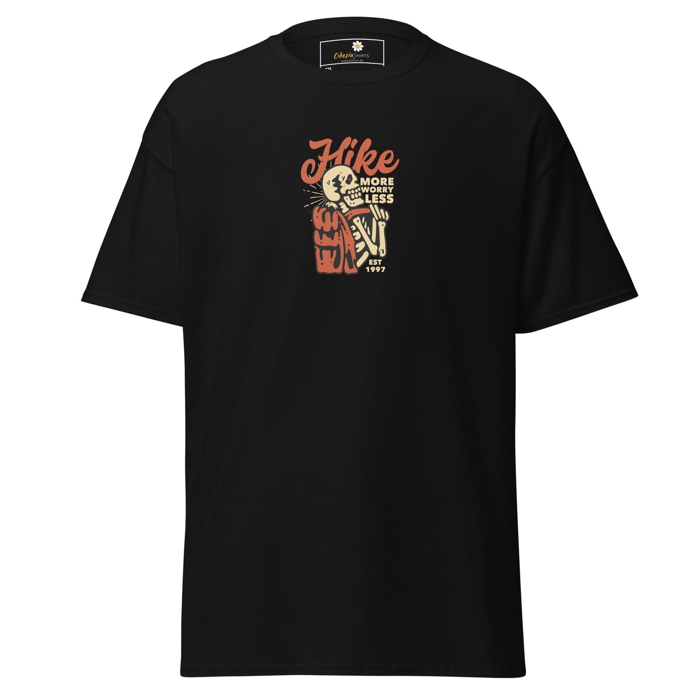 Black t-shirt with skeleton hiker graphic.