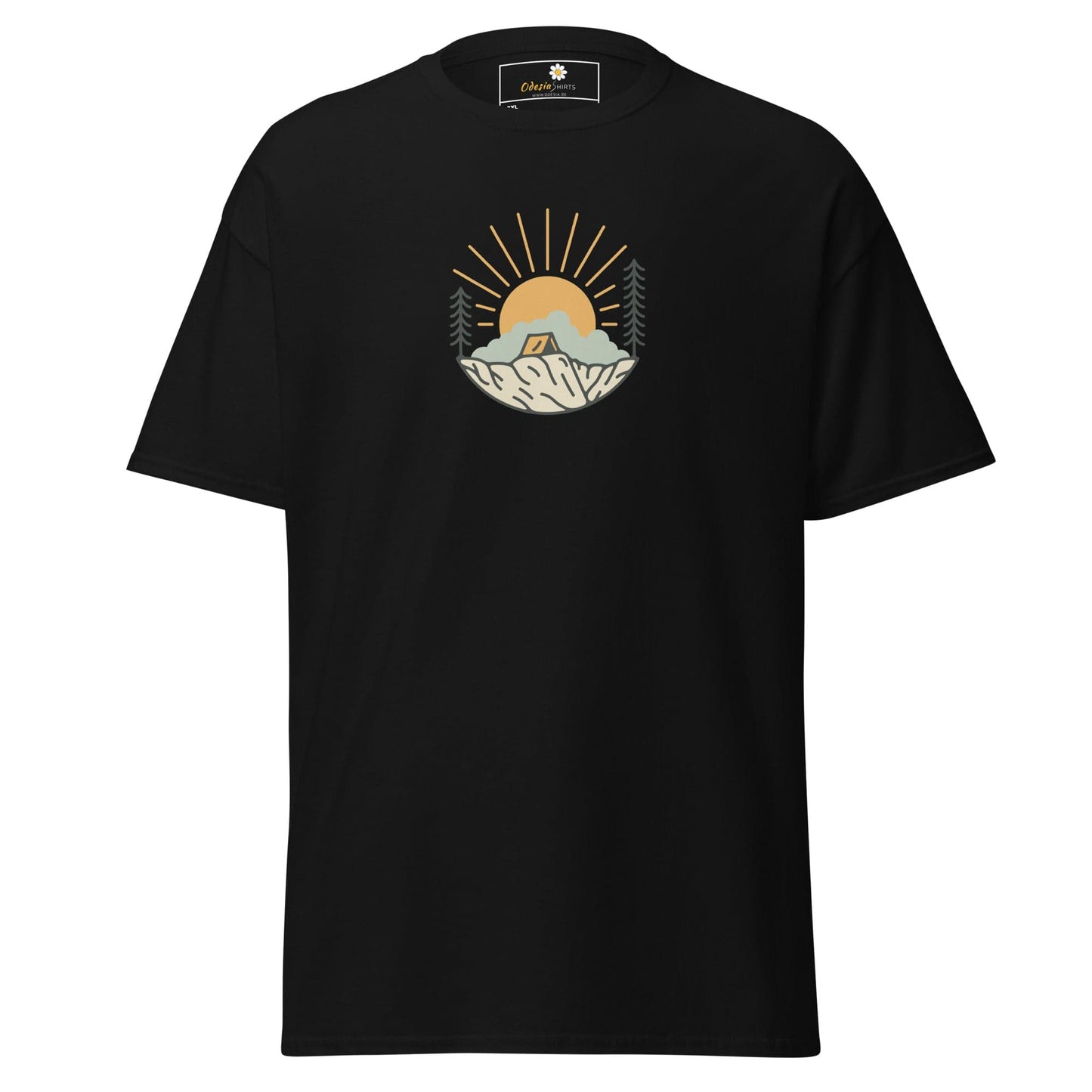 Black t-shirt with camping graphic.