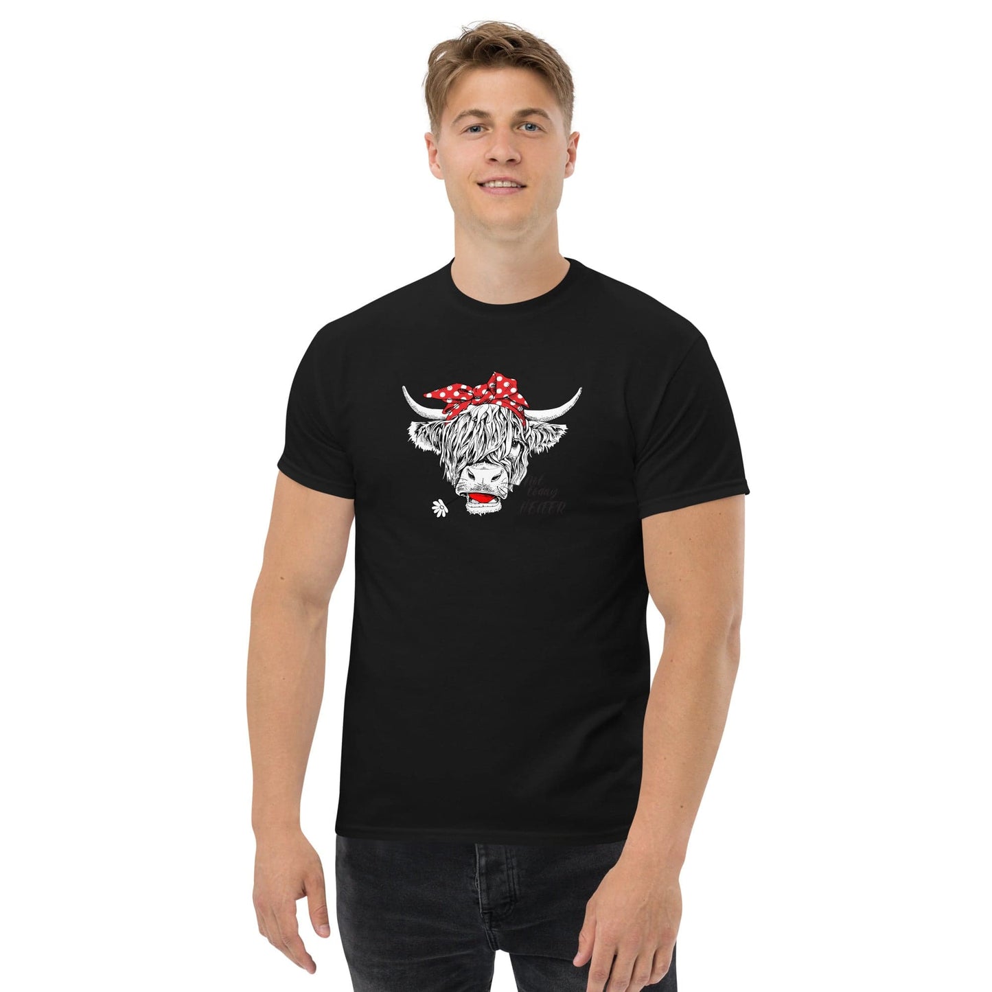 Black t-shirt with cow graphic.