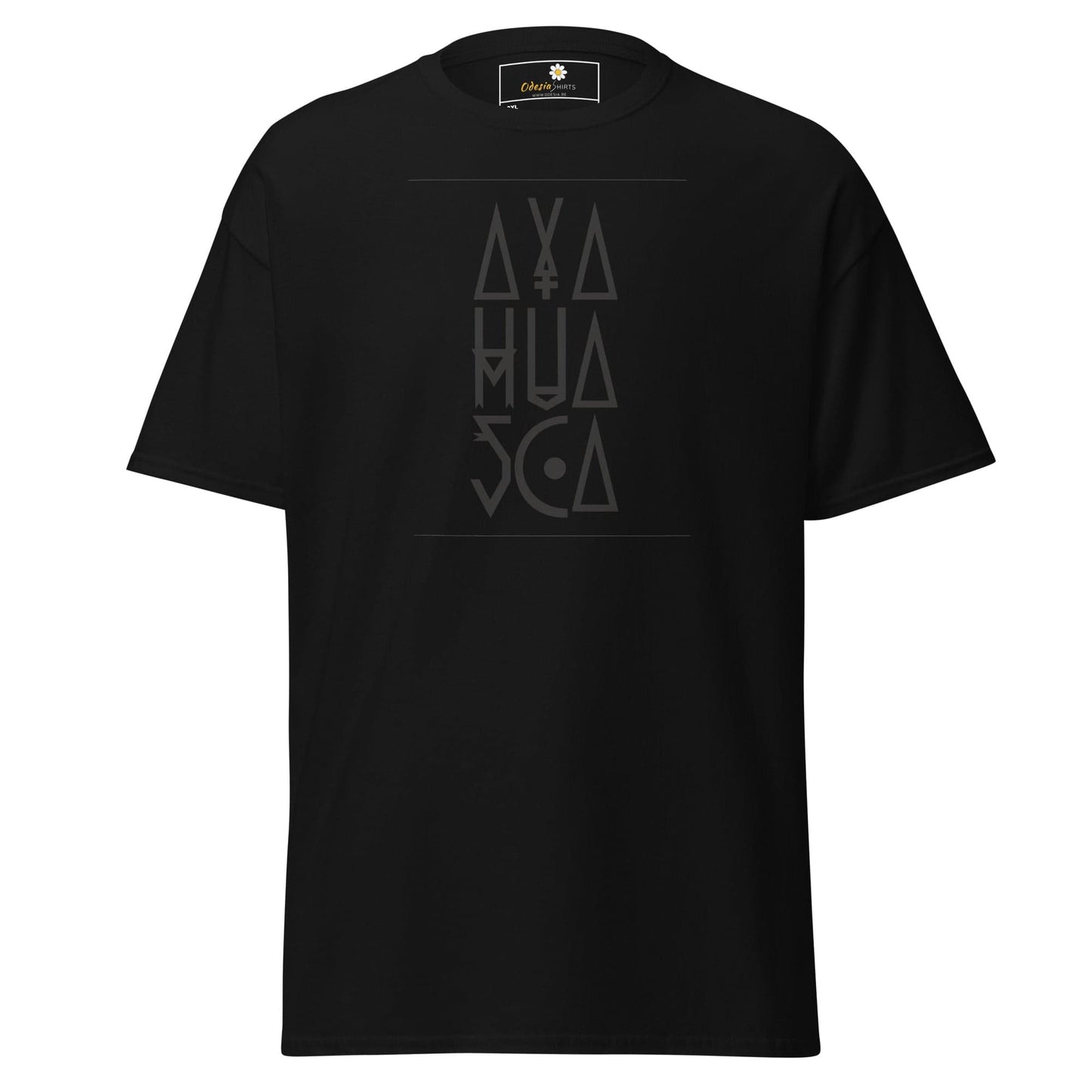 Black t-shirt with graphic design.