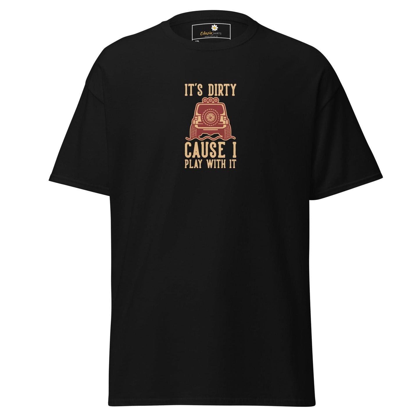 Black t-shirt with car graphic.