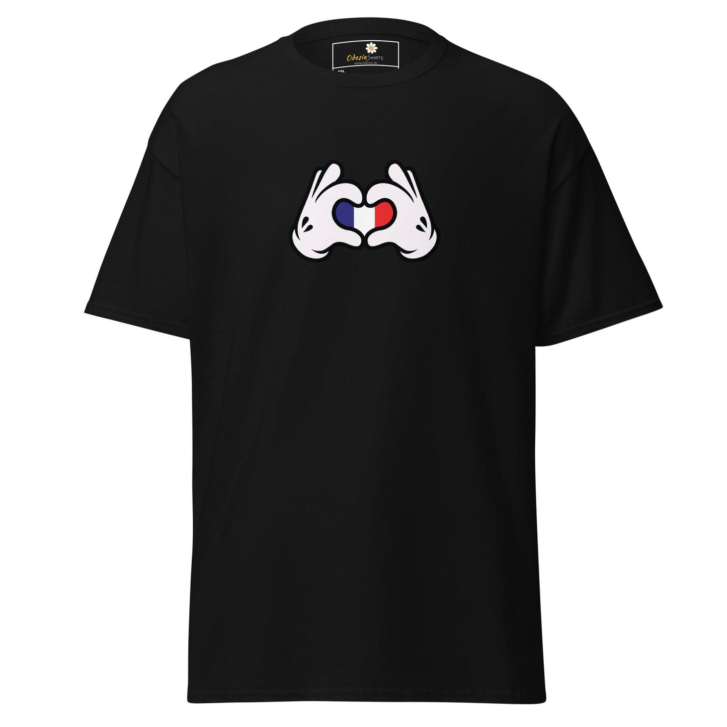 Black t-shirt with heart-shaped hands.