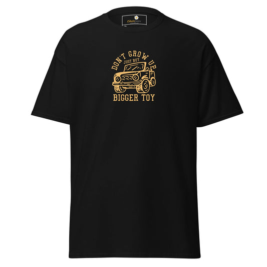 Black t-shirt with a car graphic.