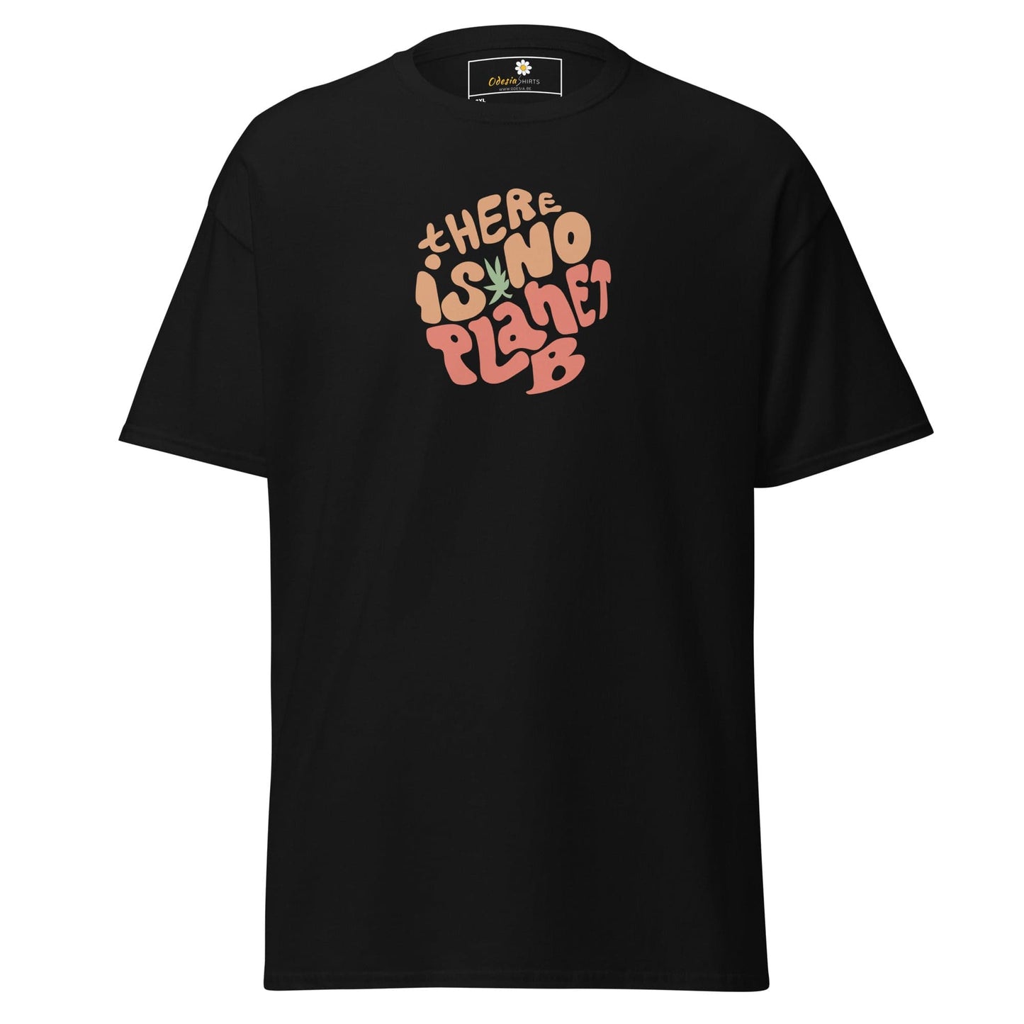 Black t-shirt with ’There is no planet B’ graphic.
