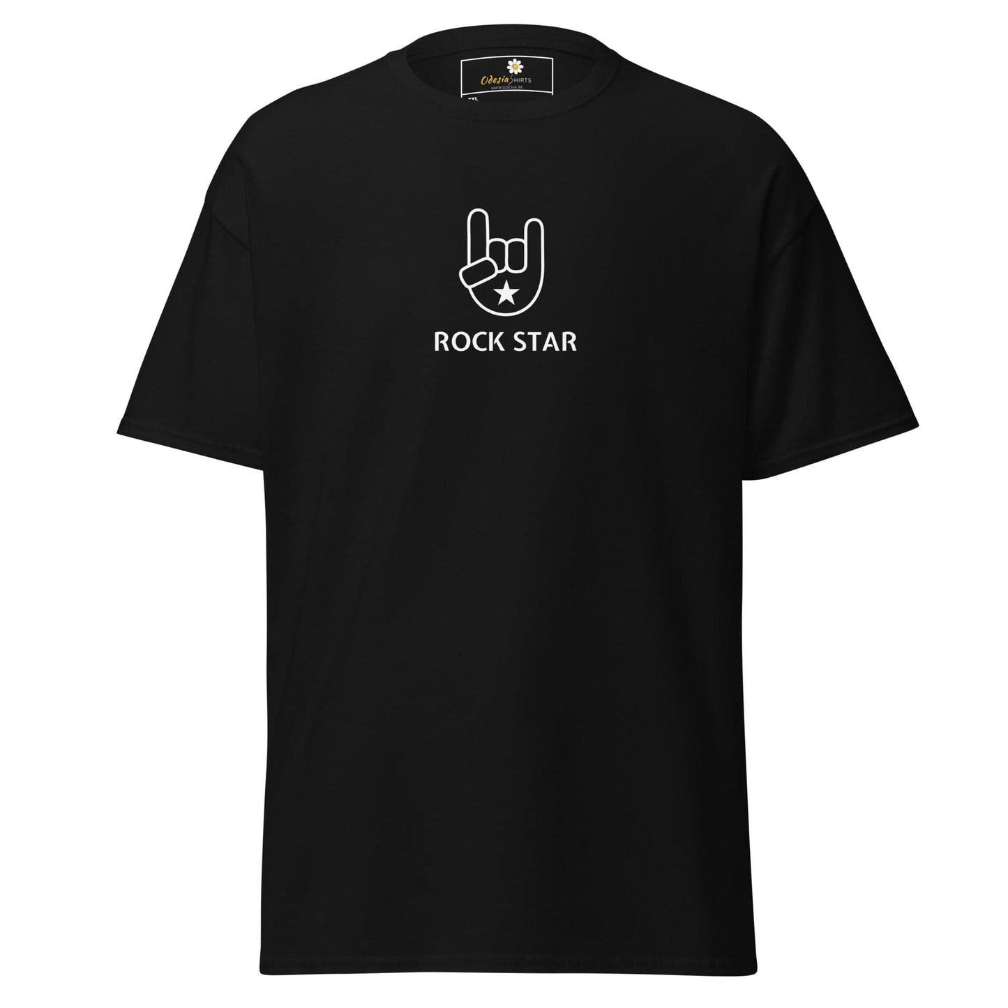 Black t-shirt with ’Rock Star’ graphic.
