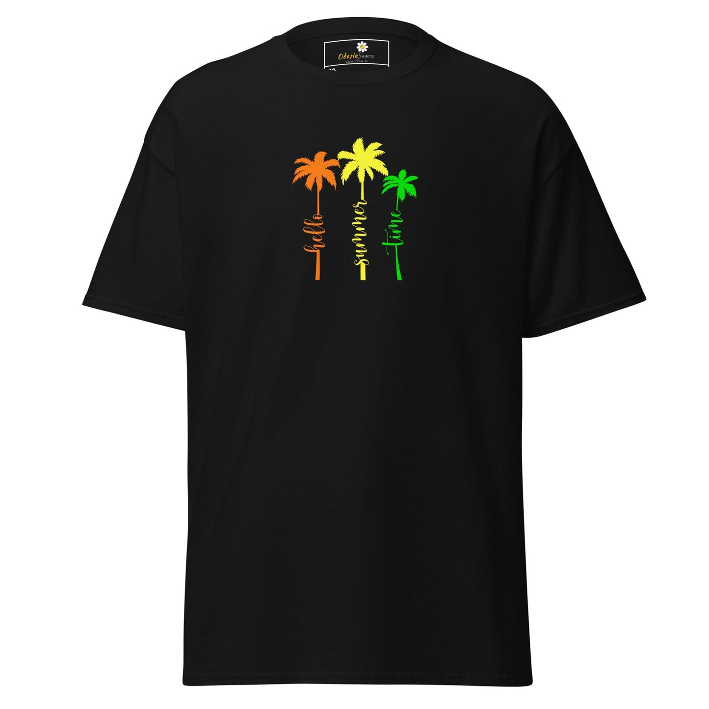 Black t-shirt with colorful palm tree design.