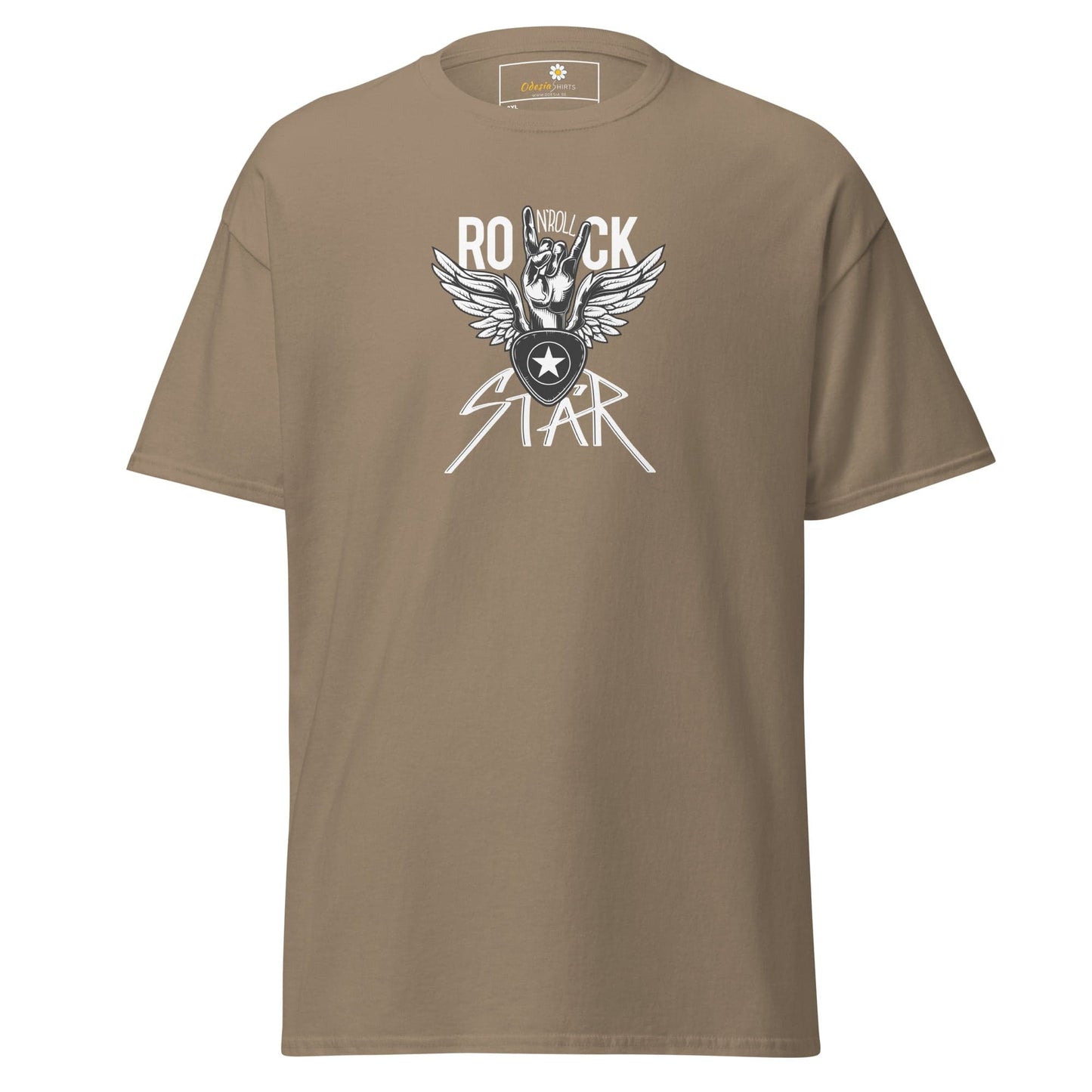 Khaki T-shirt featuring a bold rock star graphic suitable for men and women in sizes 2XL to 5XL