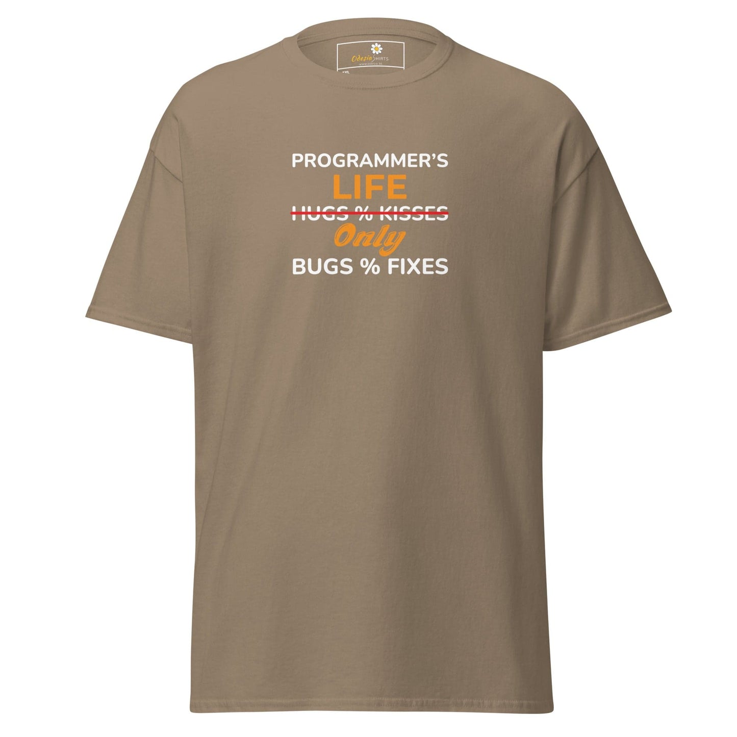 Khaki t-shirt with programmer humor.