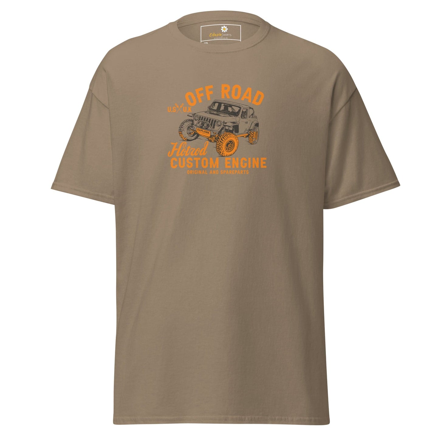 Khaki t-shirt with off-road vehicle graphic.