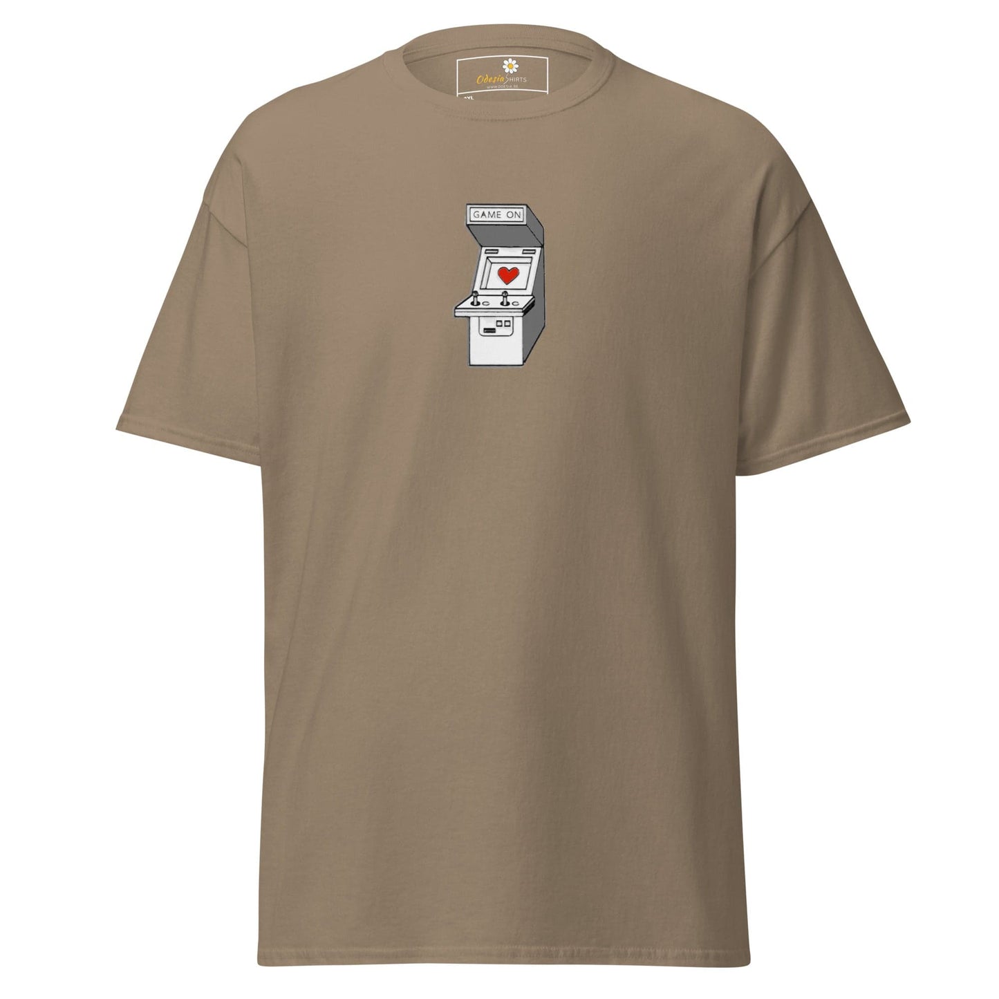 Khaki T-shirt featuring an arcade game graphic for men and women in 2XL to 5XL