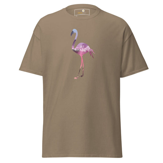 Khaki T-shirt with Flamingo Design for Men and Women in Sizes 2XL to 5XL