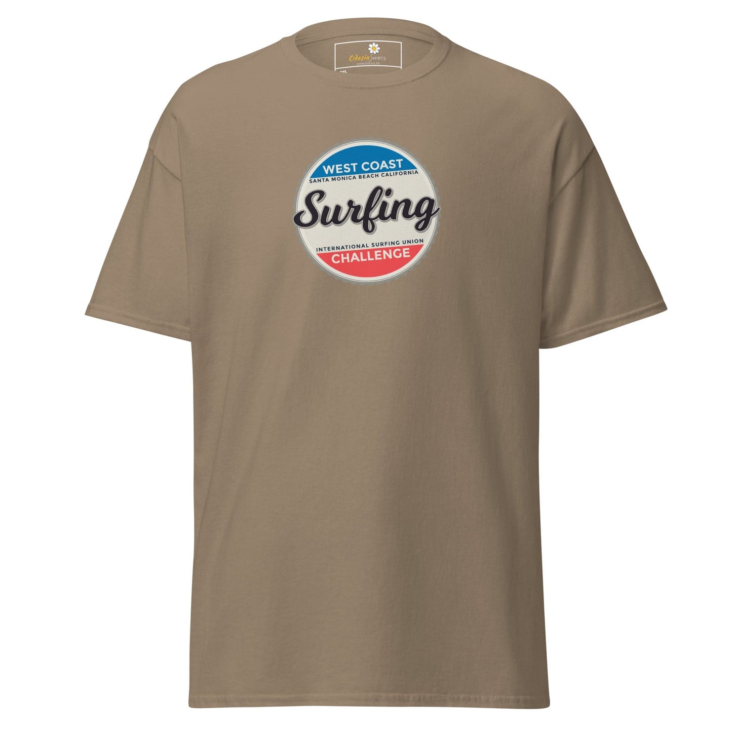 Khaki t-shirt with surfing graphic.