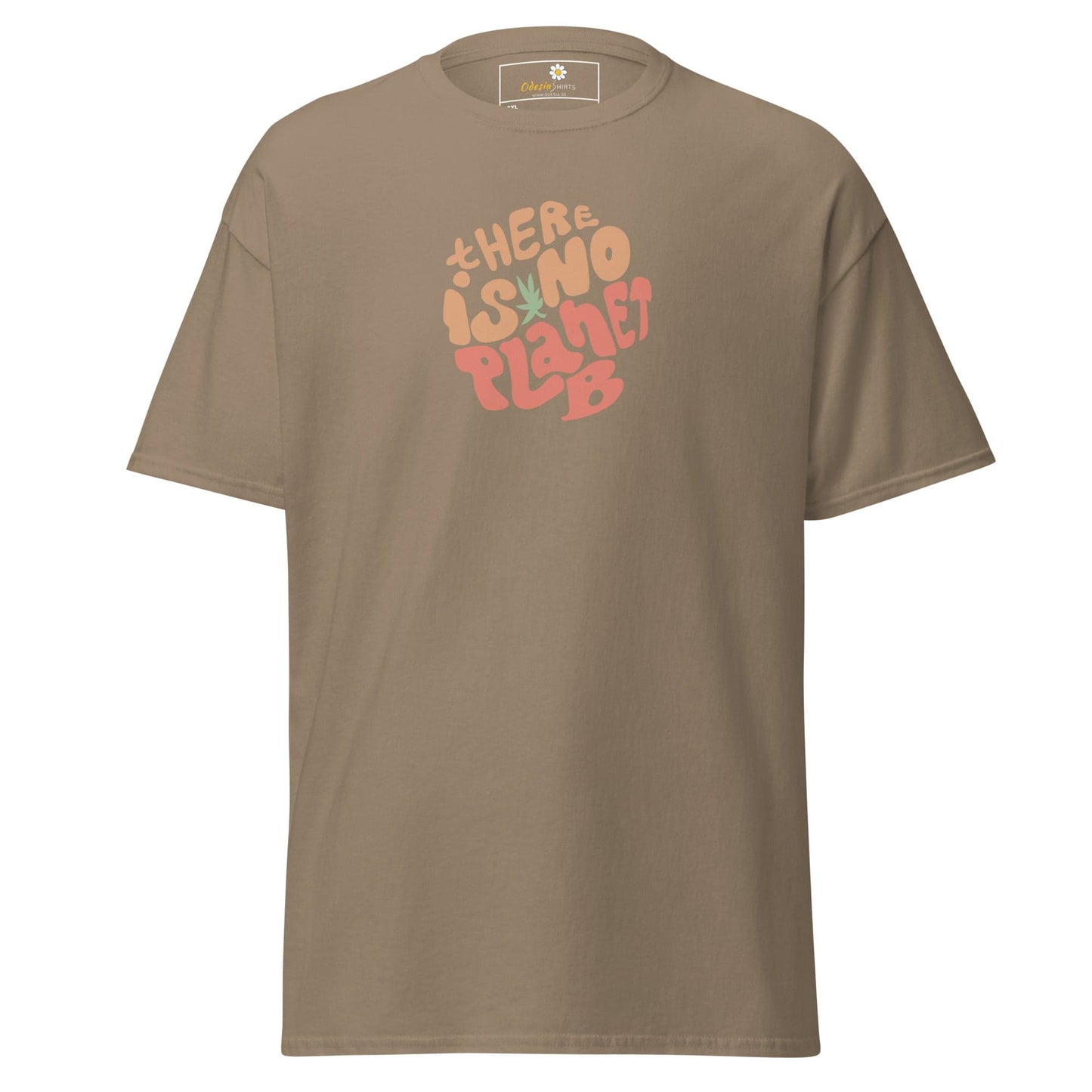 Khaki t-shirt with ’There is no planet B’ graphic.