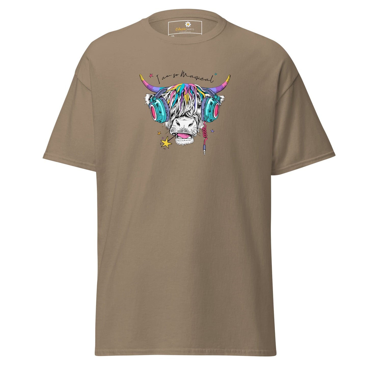 Khaki-colored t-shirt with a colorful cow graphic.