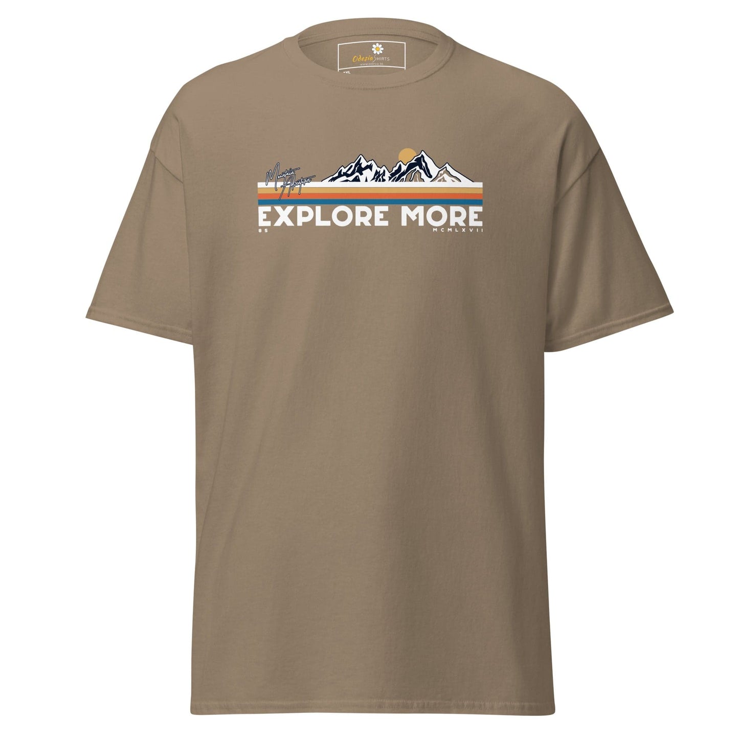 Khaki t-shirt with mountain graphic.