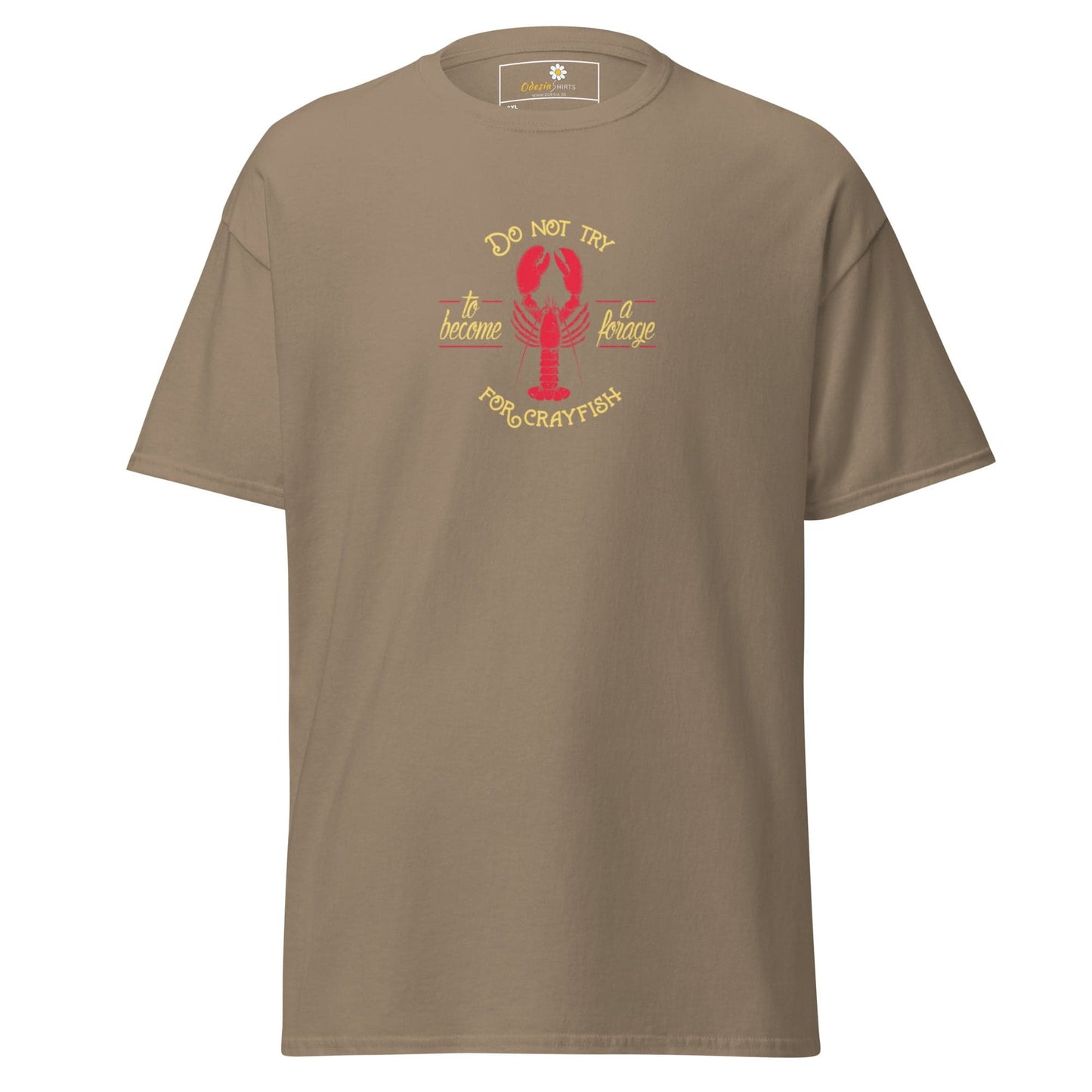 Khaki T-shirt featuring a crayfish graphic, suitable for men and women sizes 2XL to 5XL