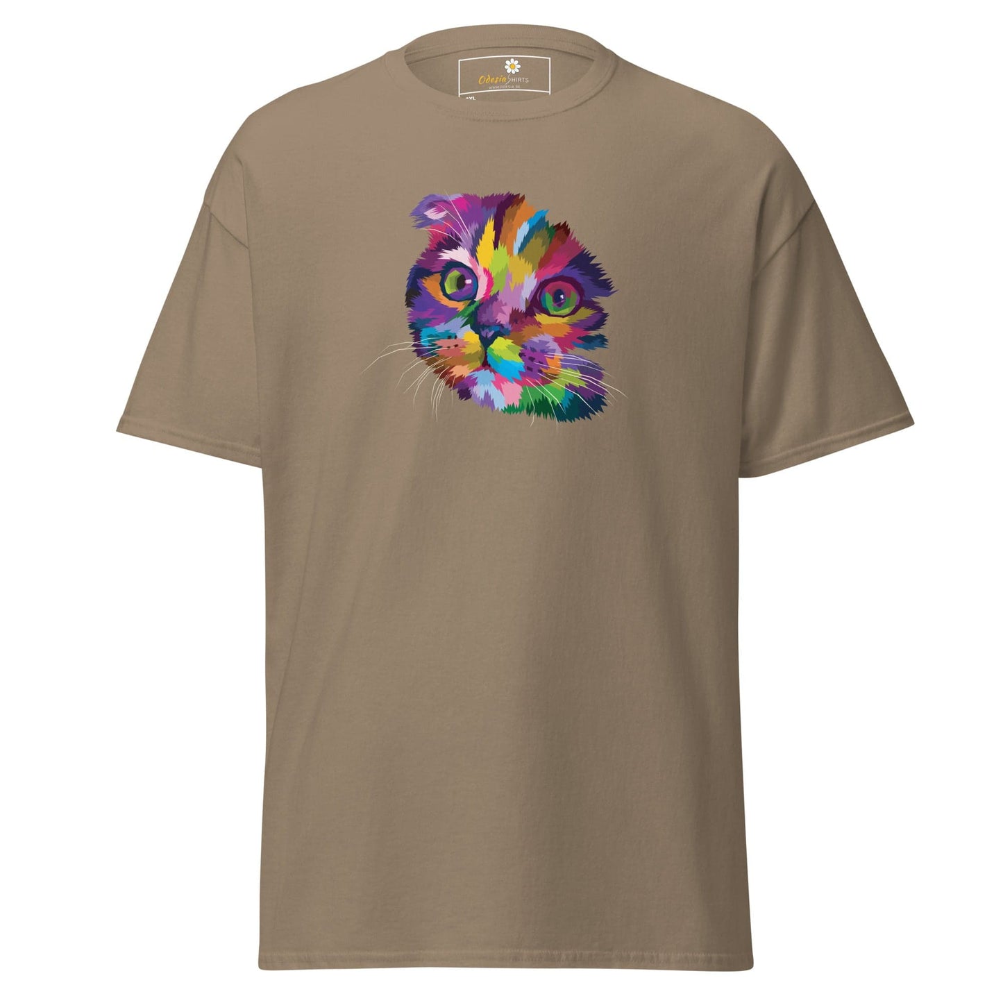 Khaki T-shirt with colorful cat graphic for men and women in sizes 2XL to 5XL