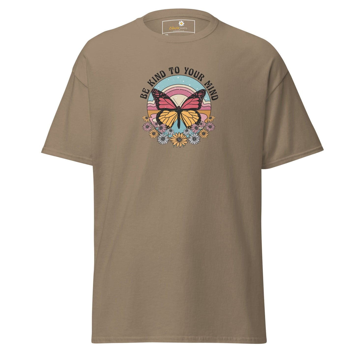 Khaki t-shirt with butterfly graphic.