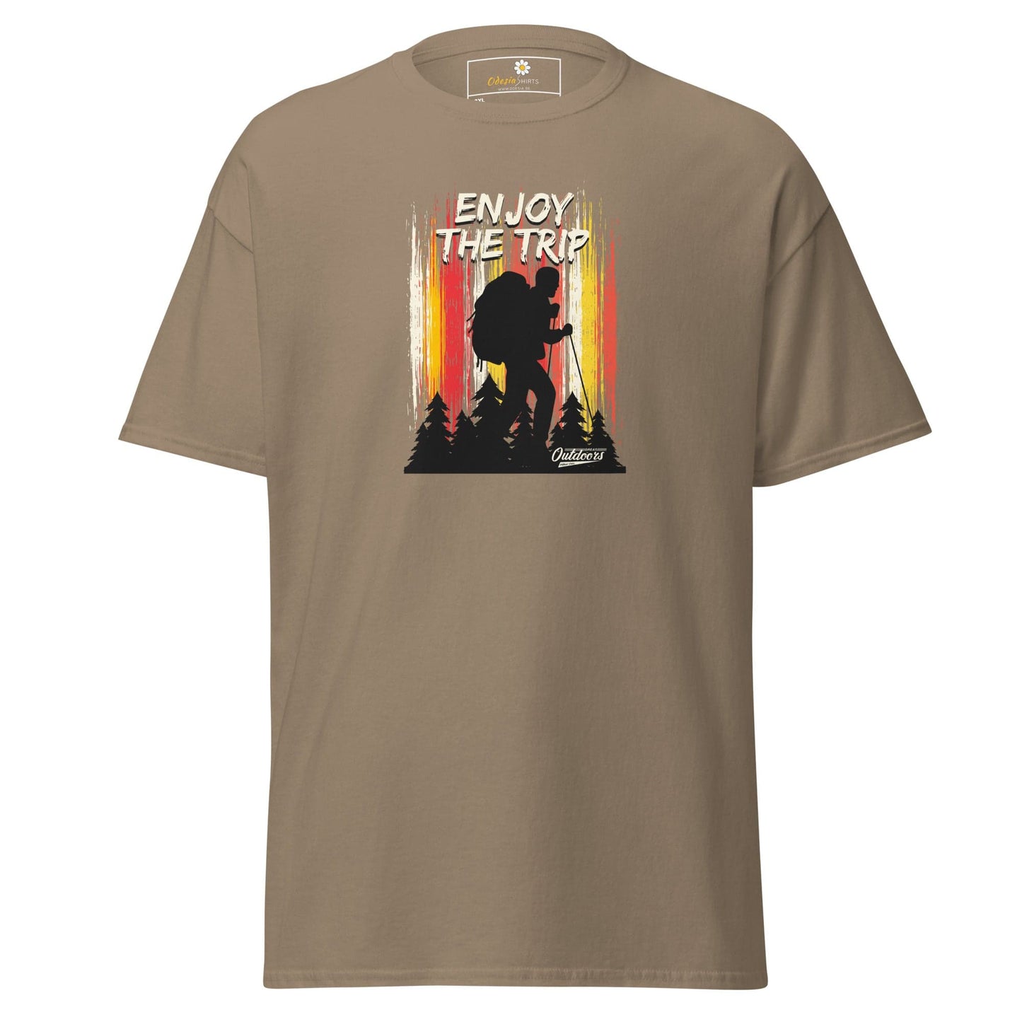 Khaki t-shirt with hiker graphic.