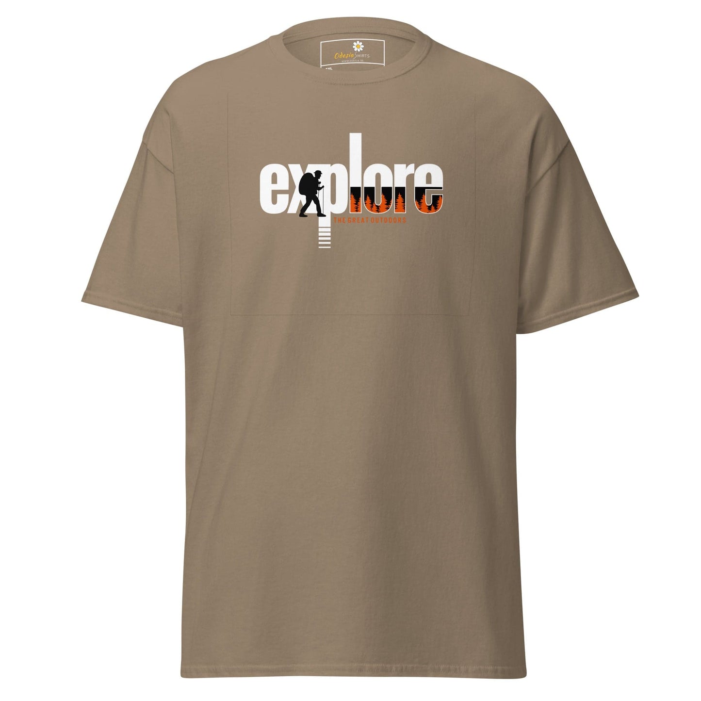 Khaki t-shirt with ’explore’ graphic.