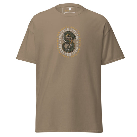 Khaki t-shirt with snake graphic.