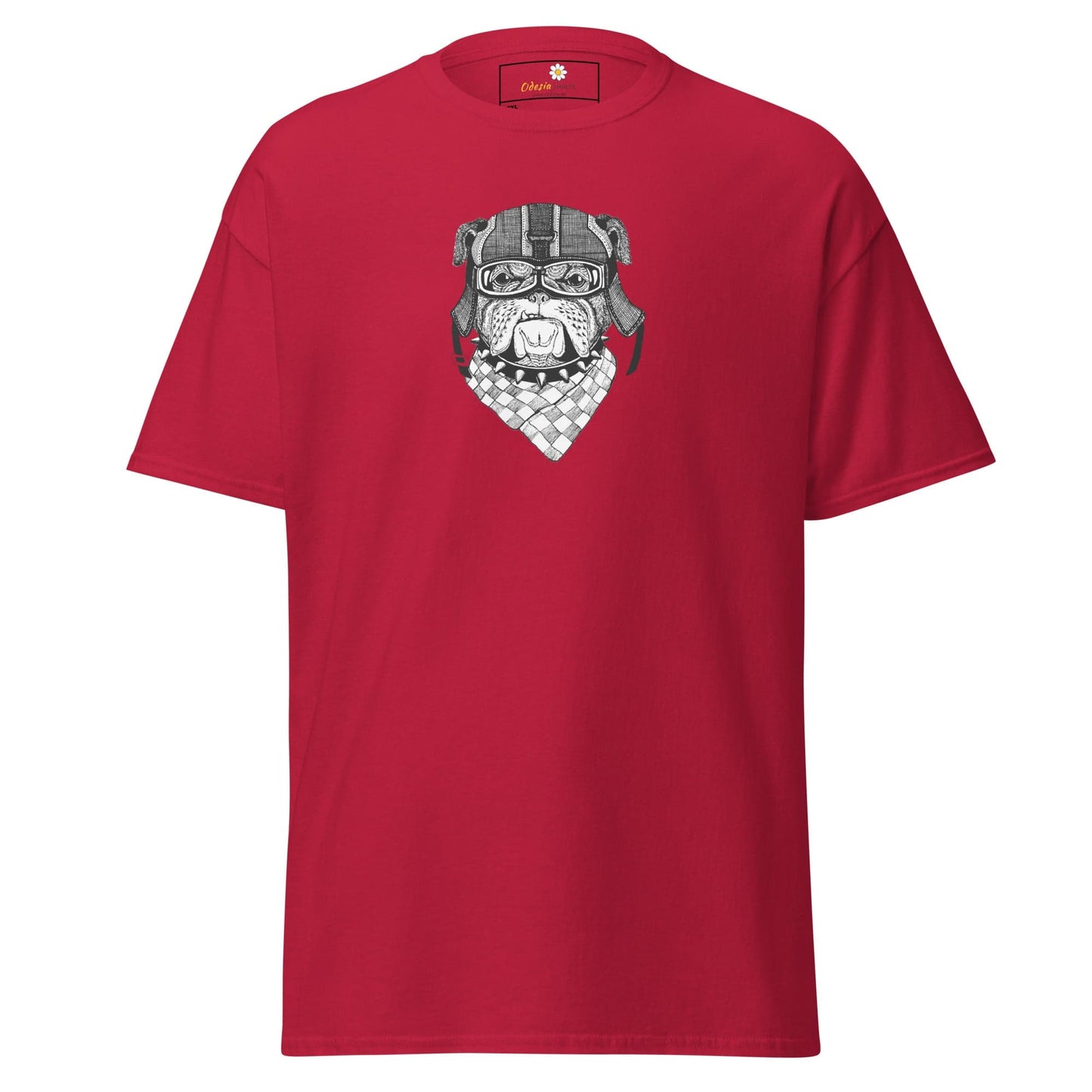 Red T-shirt with bulldog graphic for men and women in sizes 2XL to 5XL